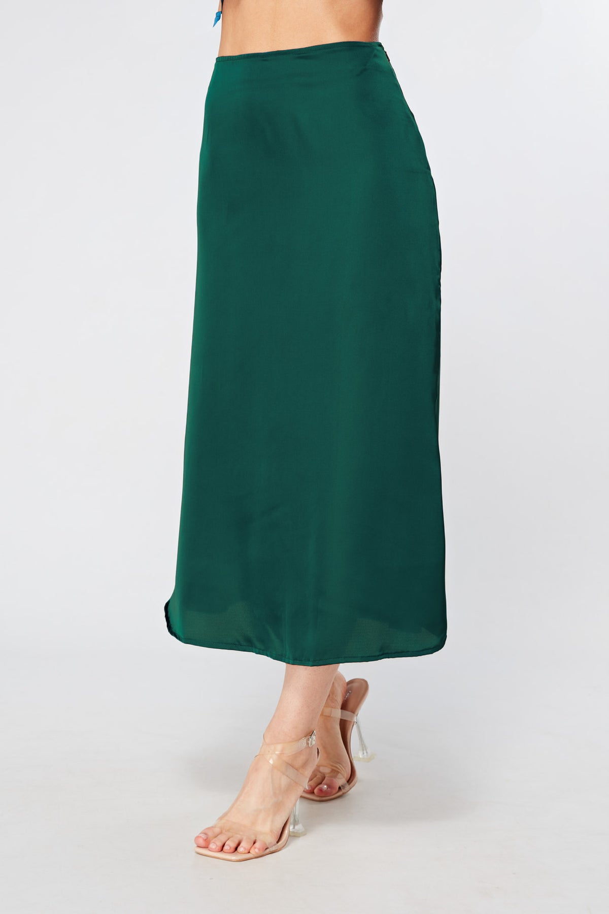 Elisa Deep Green Satin Flare Midi Skirt