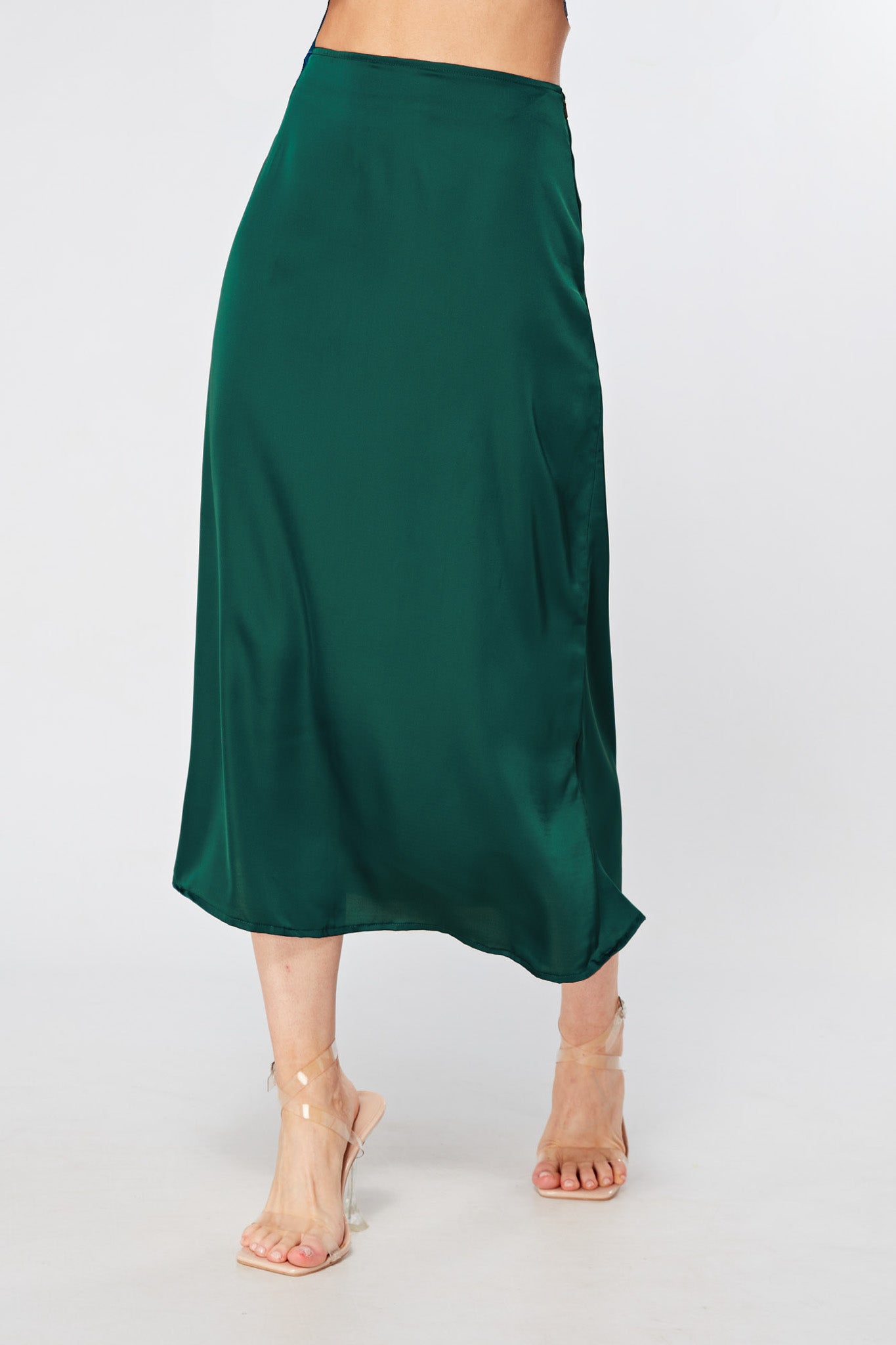 Elisa Deep Green Satin Flare Midi Skirt