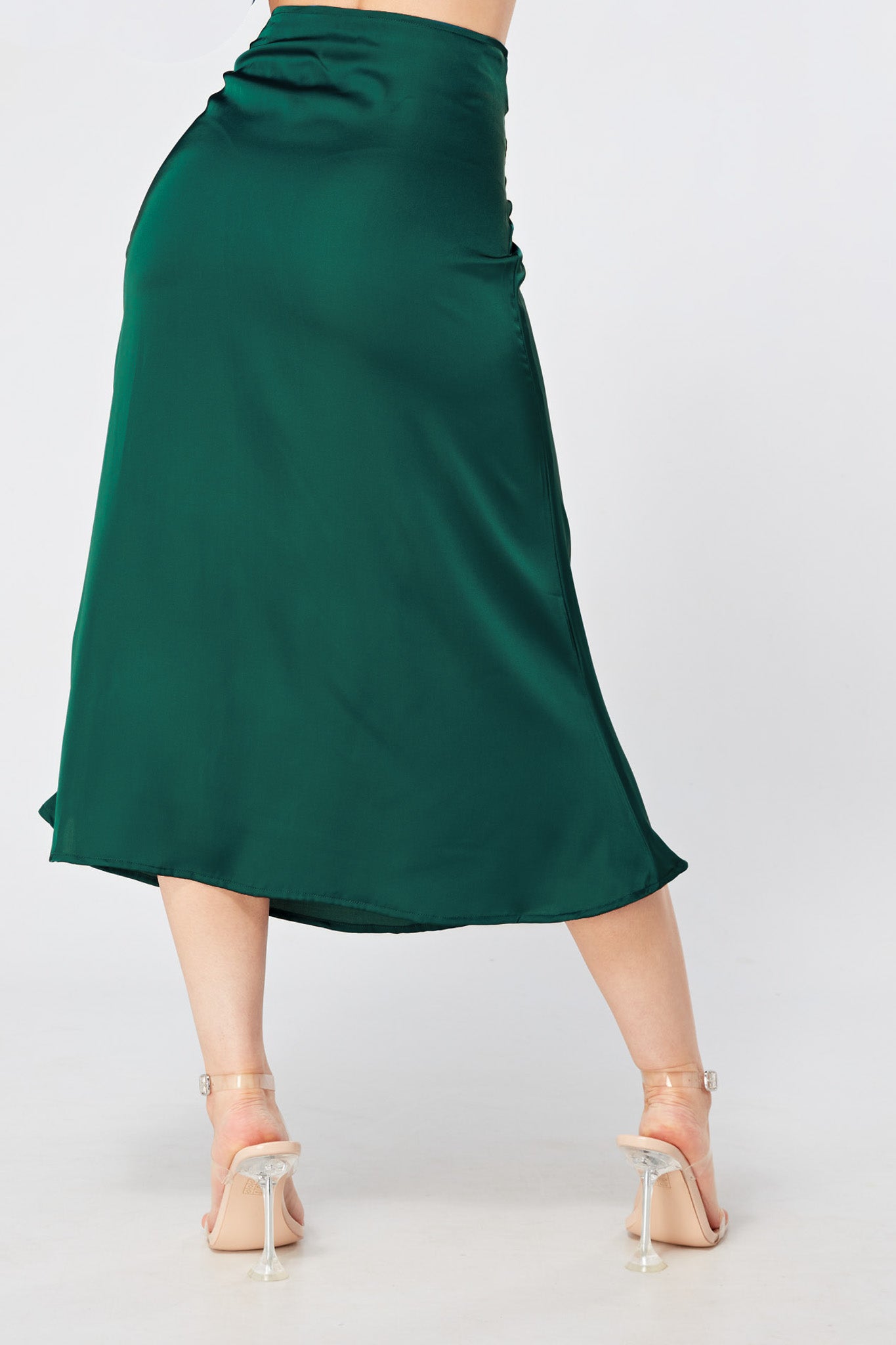 Elisa Deep Green Satin Flare Midi Skirt