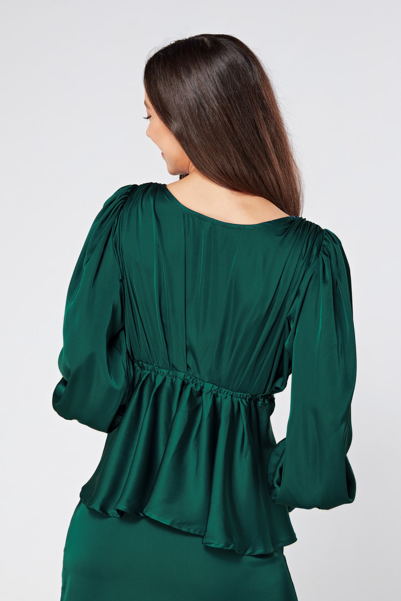 Elisa Dark Green Satin Buttoned Blouse With Long Sleeves