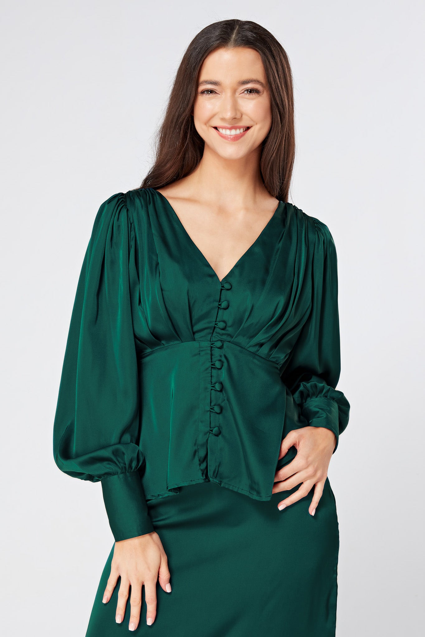 Elisa Dark Green Satin Buttoned Blouse With Long Sleeves