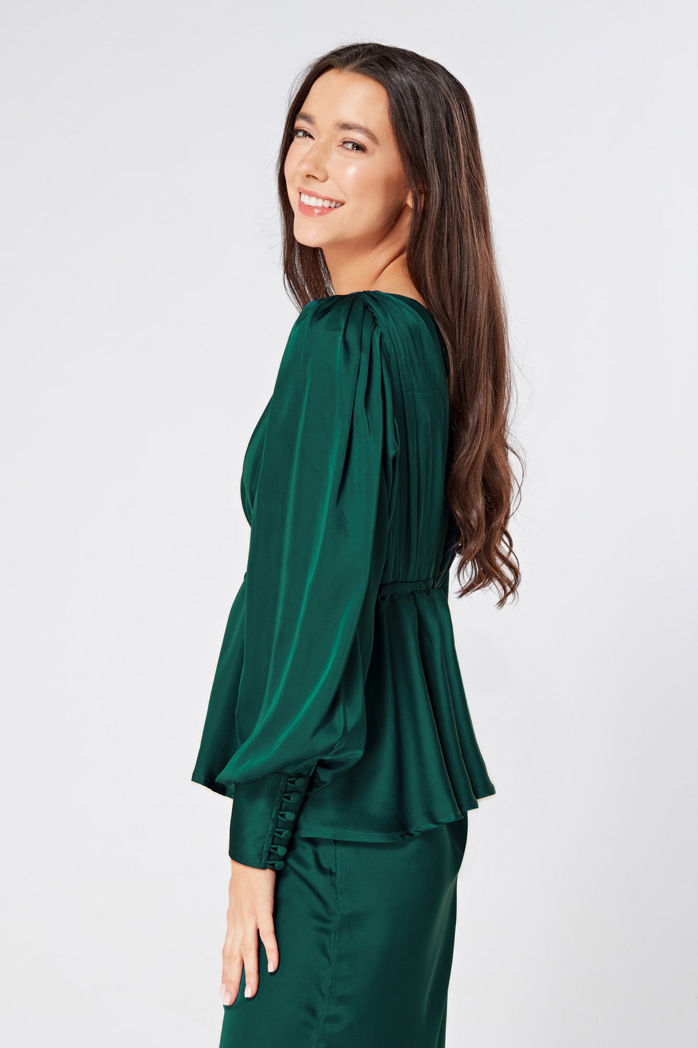 Elisa Dark Green Satin Buttoned Blouse With Long Sleeves