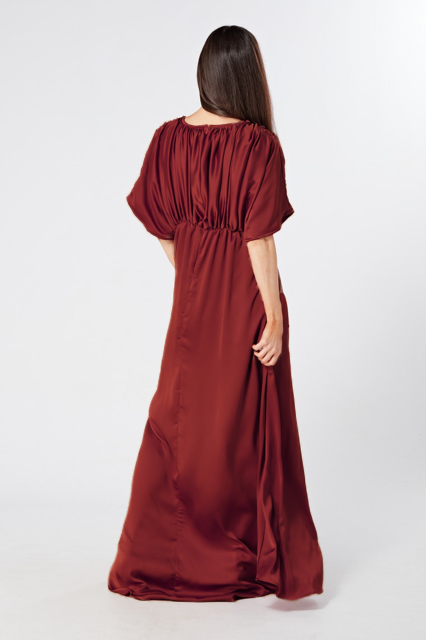 Josephine Deep Red Satin Feel Crepe Maxi Dress With Ruched Body