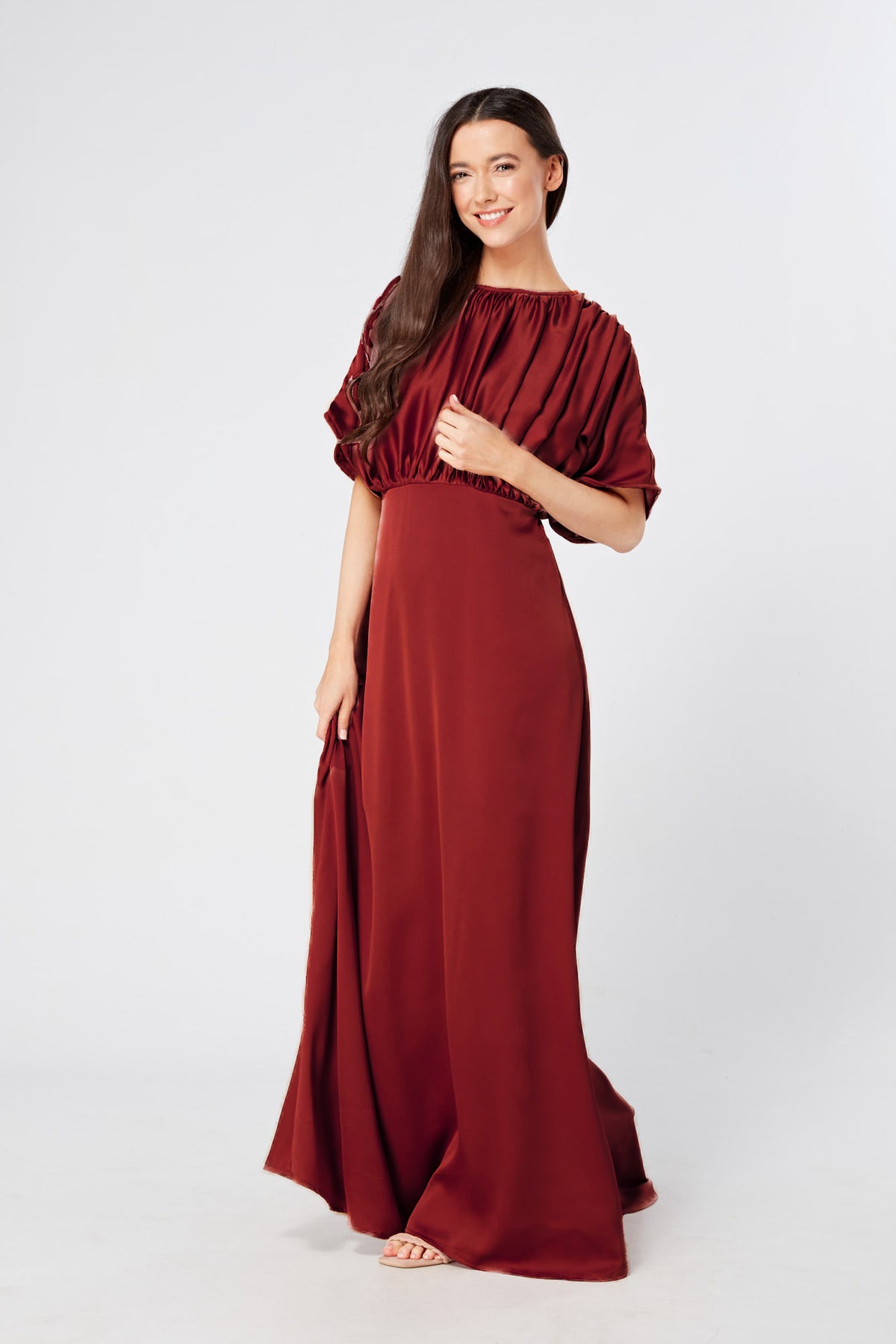Josephine Deep Red Satin Feel Crepe Maxi Dress With Ruched Body