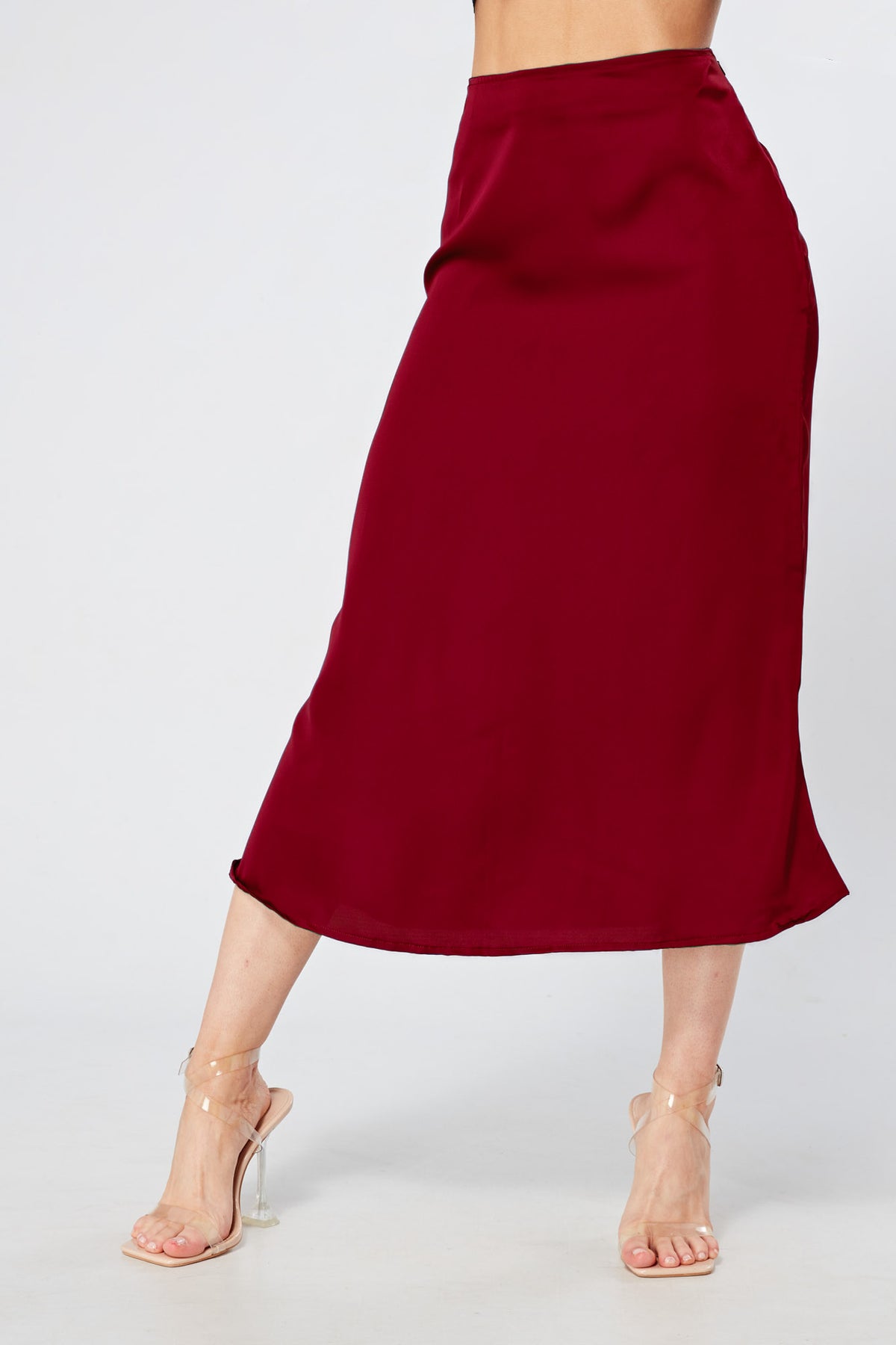 Elisa Deep Red Satin Flare Midi Skirt