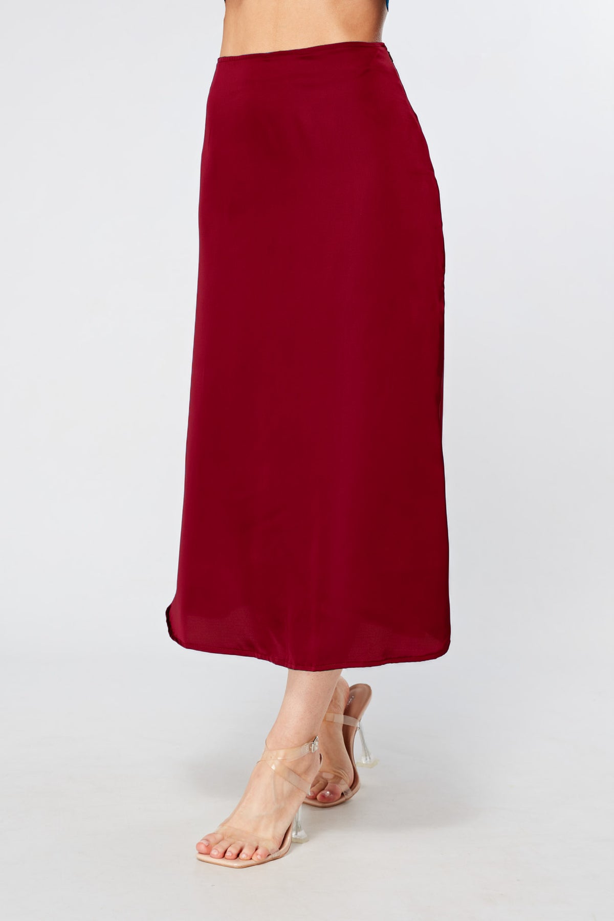 Elisa Deep Red Satin Flare Midi Skirt