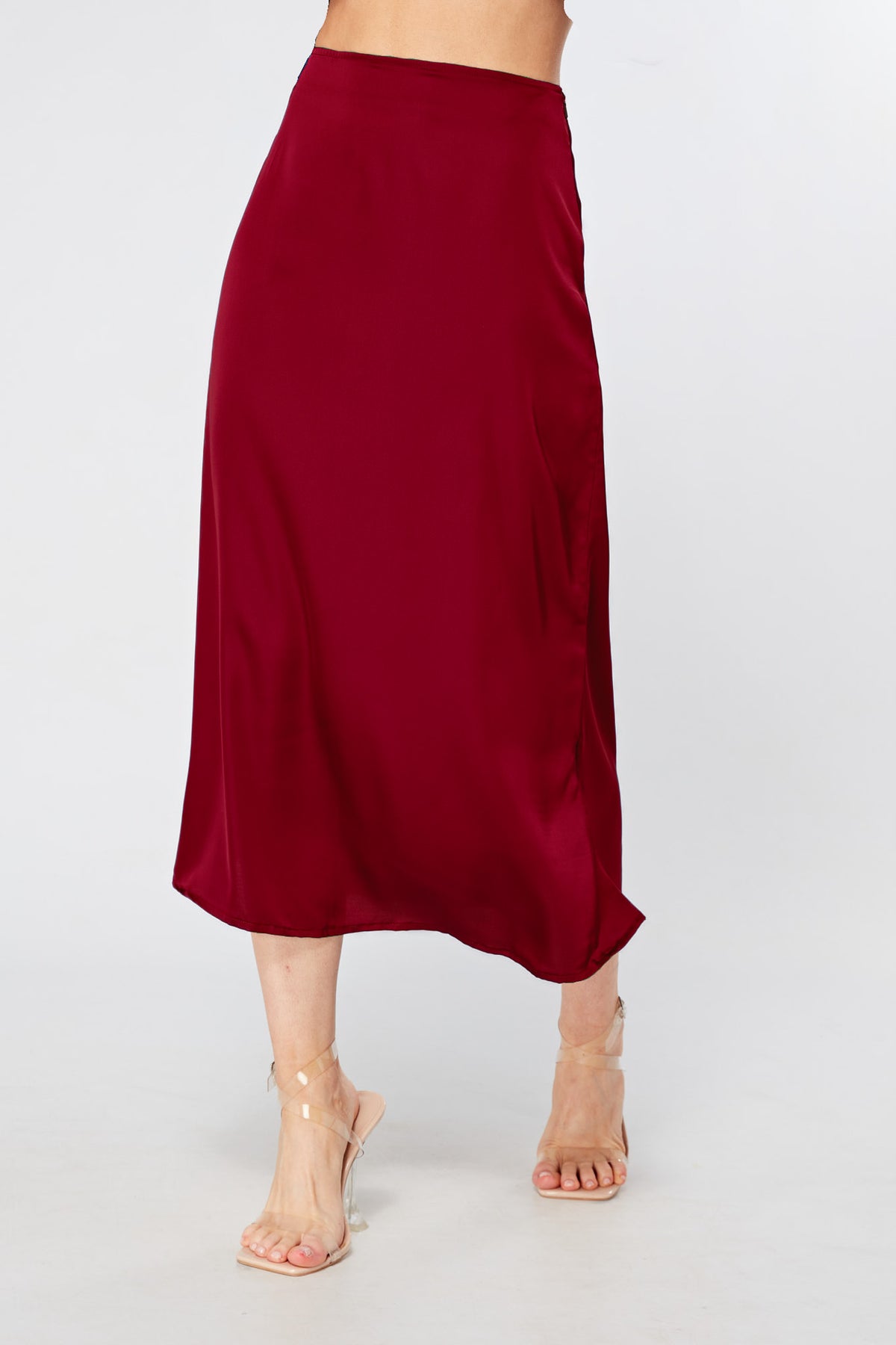 Elisa Deep Red Satin Flare Midi Skirt