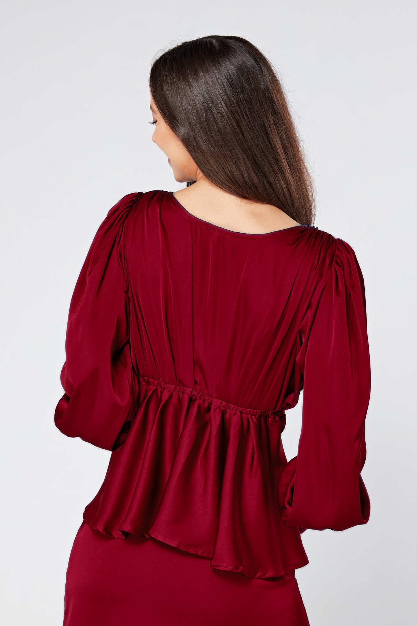 Elisa Deep Red Satin Buttoned Blouse With Long Sleeves