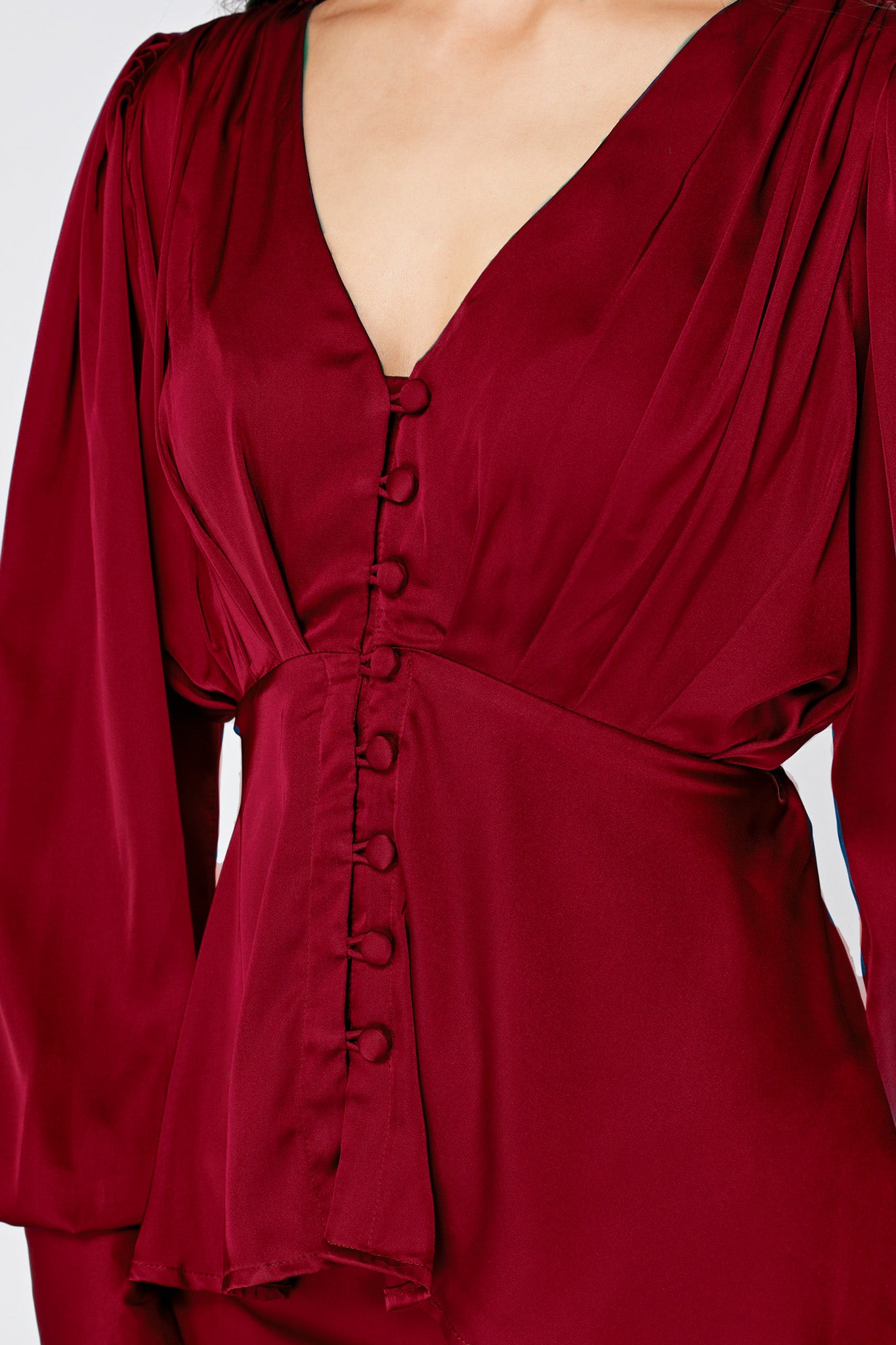 Elisa Deep Red Satin Buttoned Blouse With Long Sleeves
