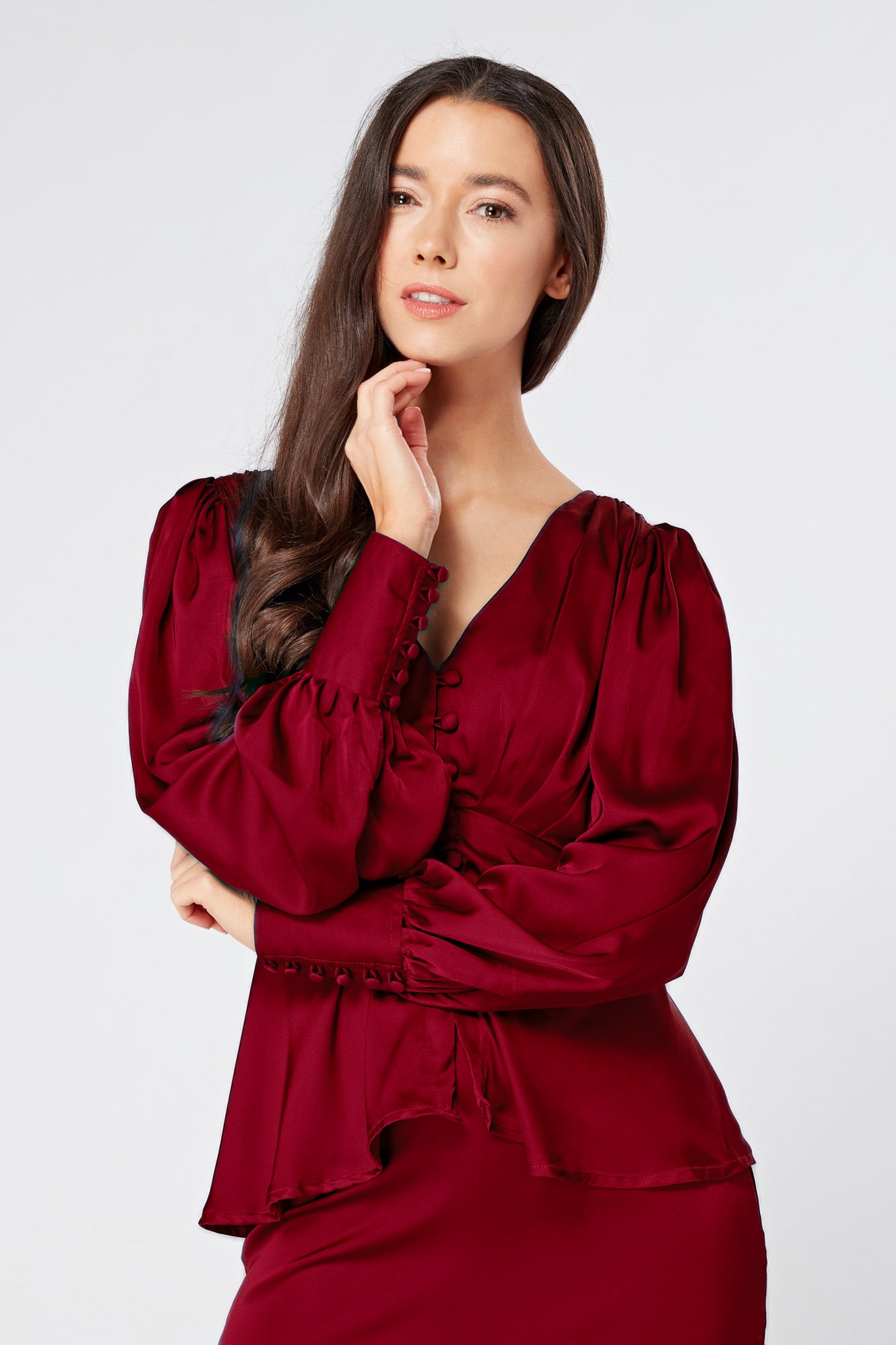 Elisa Deep Red Satin Buttoned Blouse With Long Sleeves