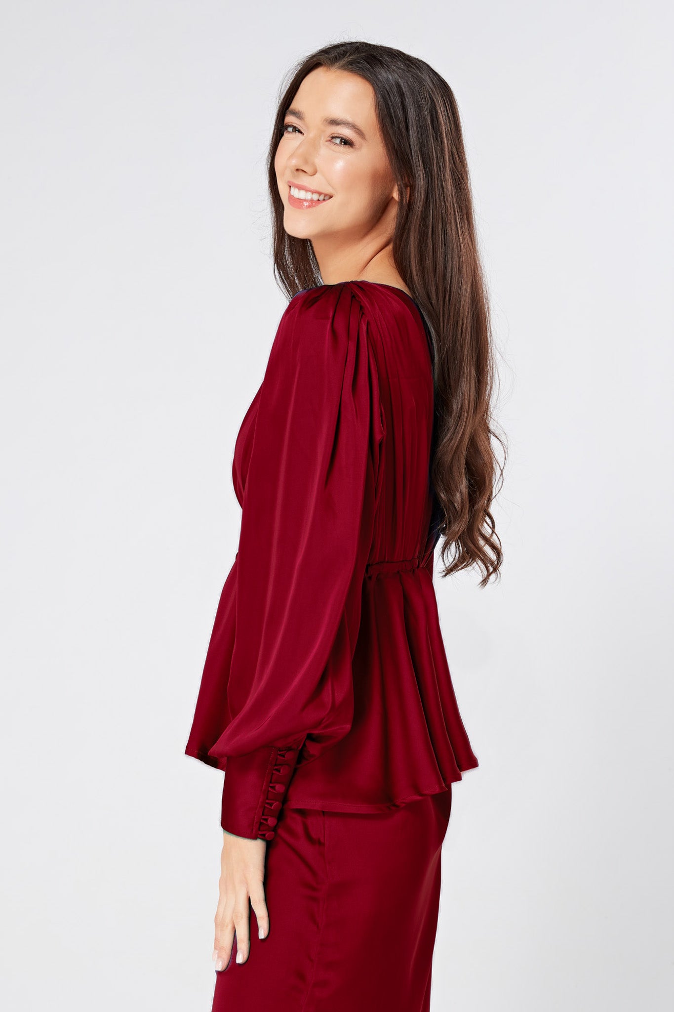 Elisa Deep Red Satin Buttoned Blouse With Long Sleeves