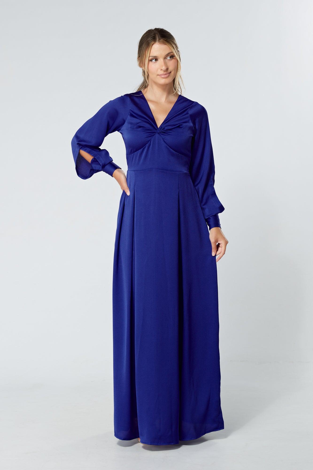 Delilah Cobalt Blue Satin-Feel Crepe Maxi Dress With Ruched Sleeves - TAHLIRA