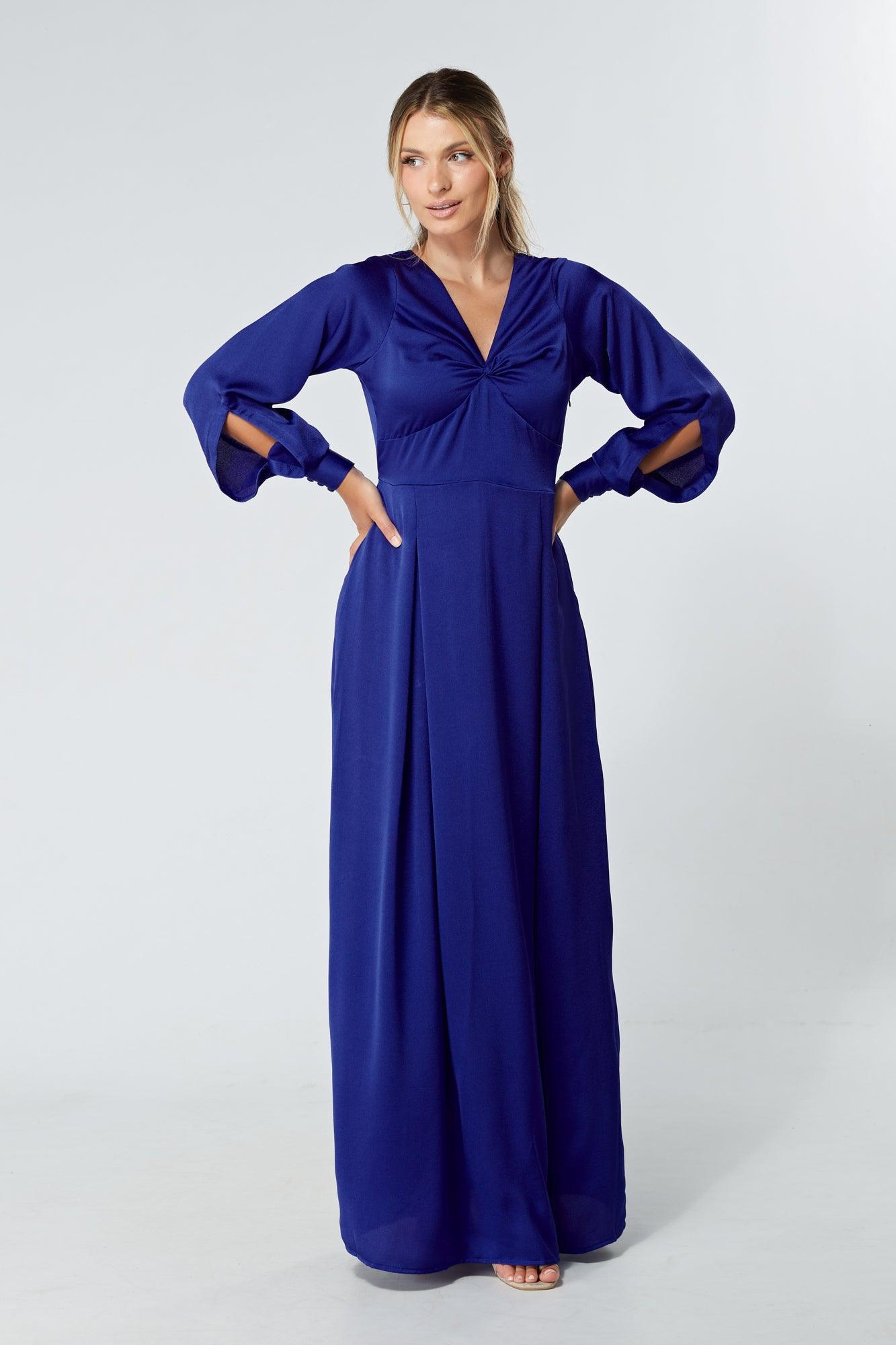 Delilah Cobalt Blue Satin-Feel Crepe Maxi Dress With Ruched Sleeves - TAHLIRA