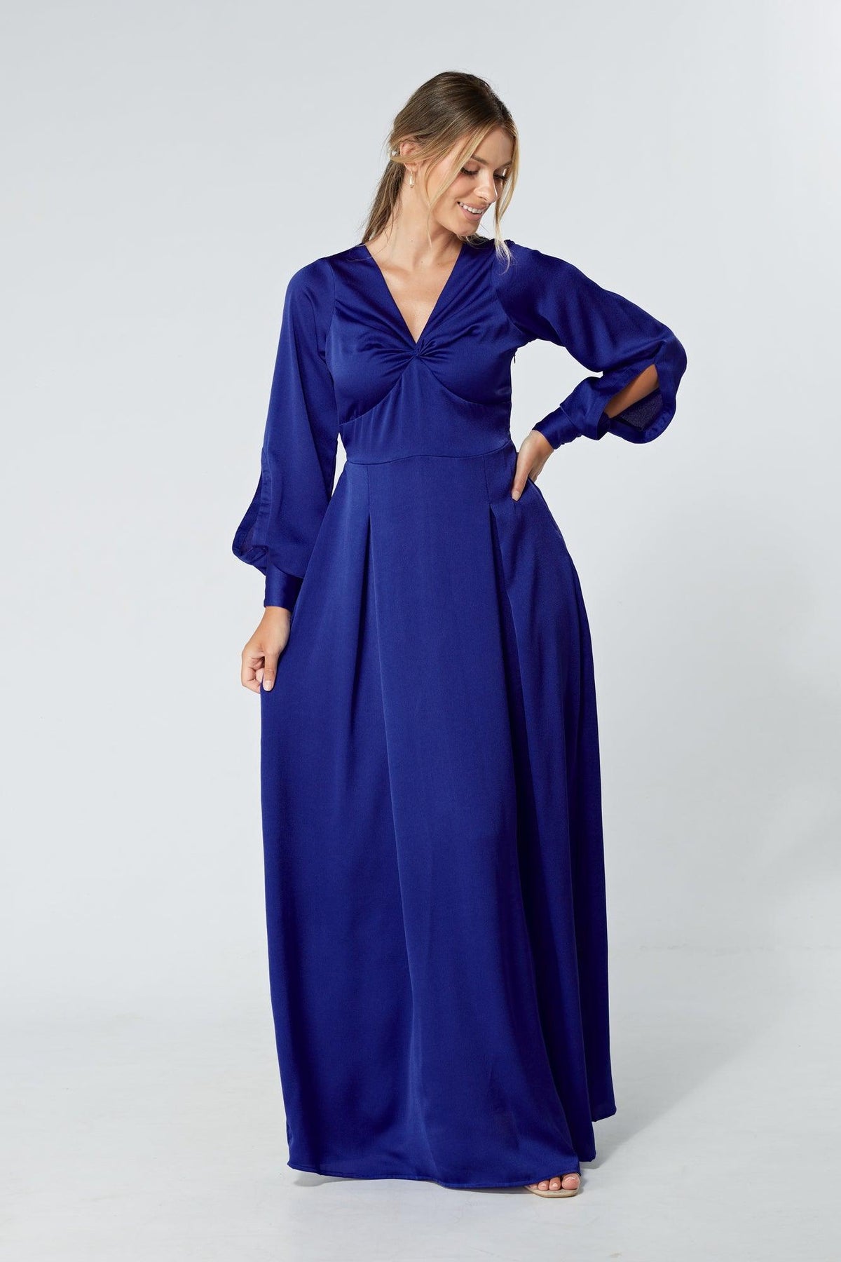 Delilah Cobalt Blue Satin-Feel Crepe Maxi Dress With Ruched Sleeves - TAHLIRA