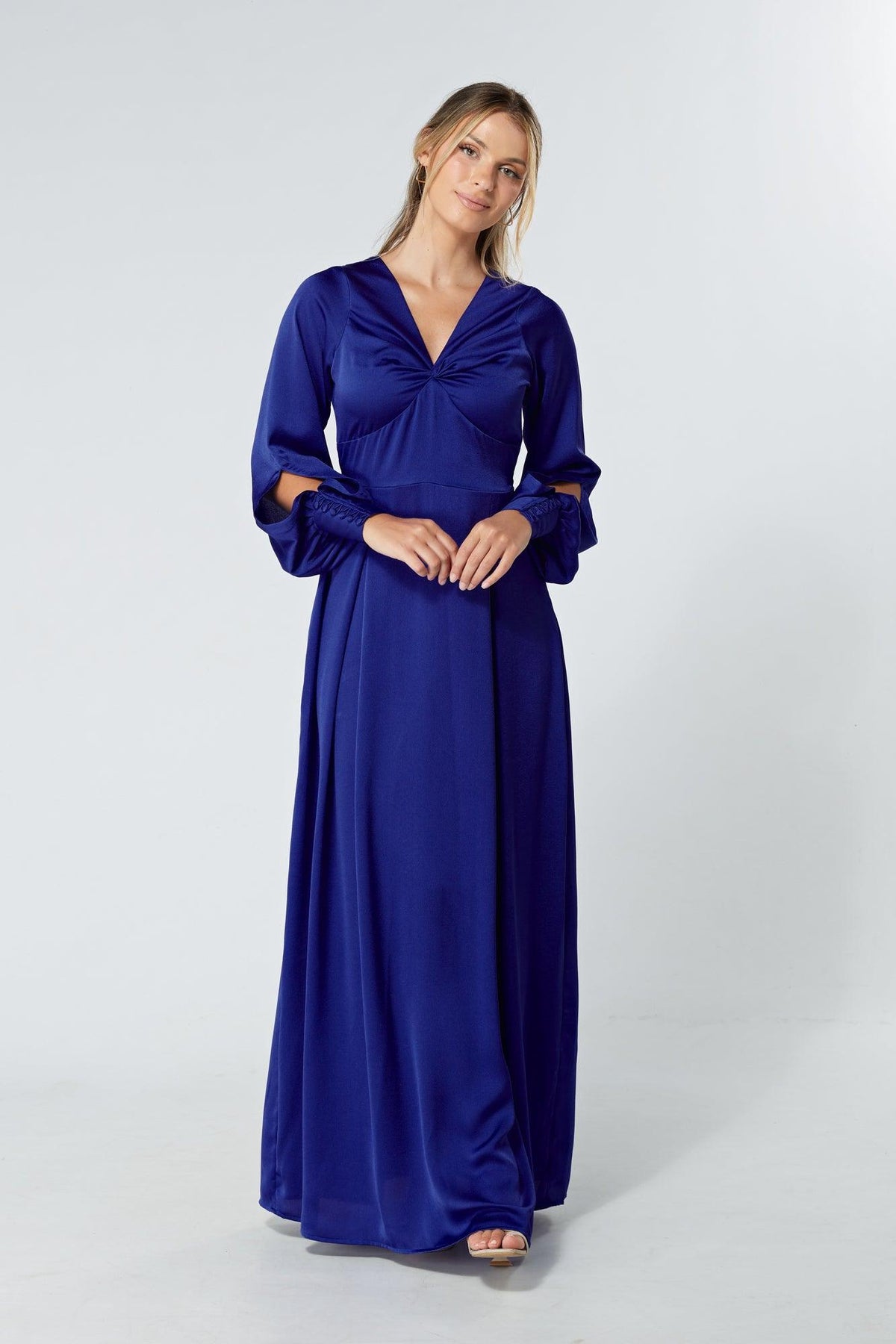 Delilah Cobalt Blue Satin-Feel Crepe Maxi Dress With Ruched Sleeves - TAHLIRA