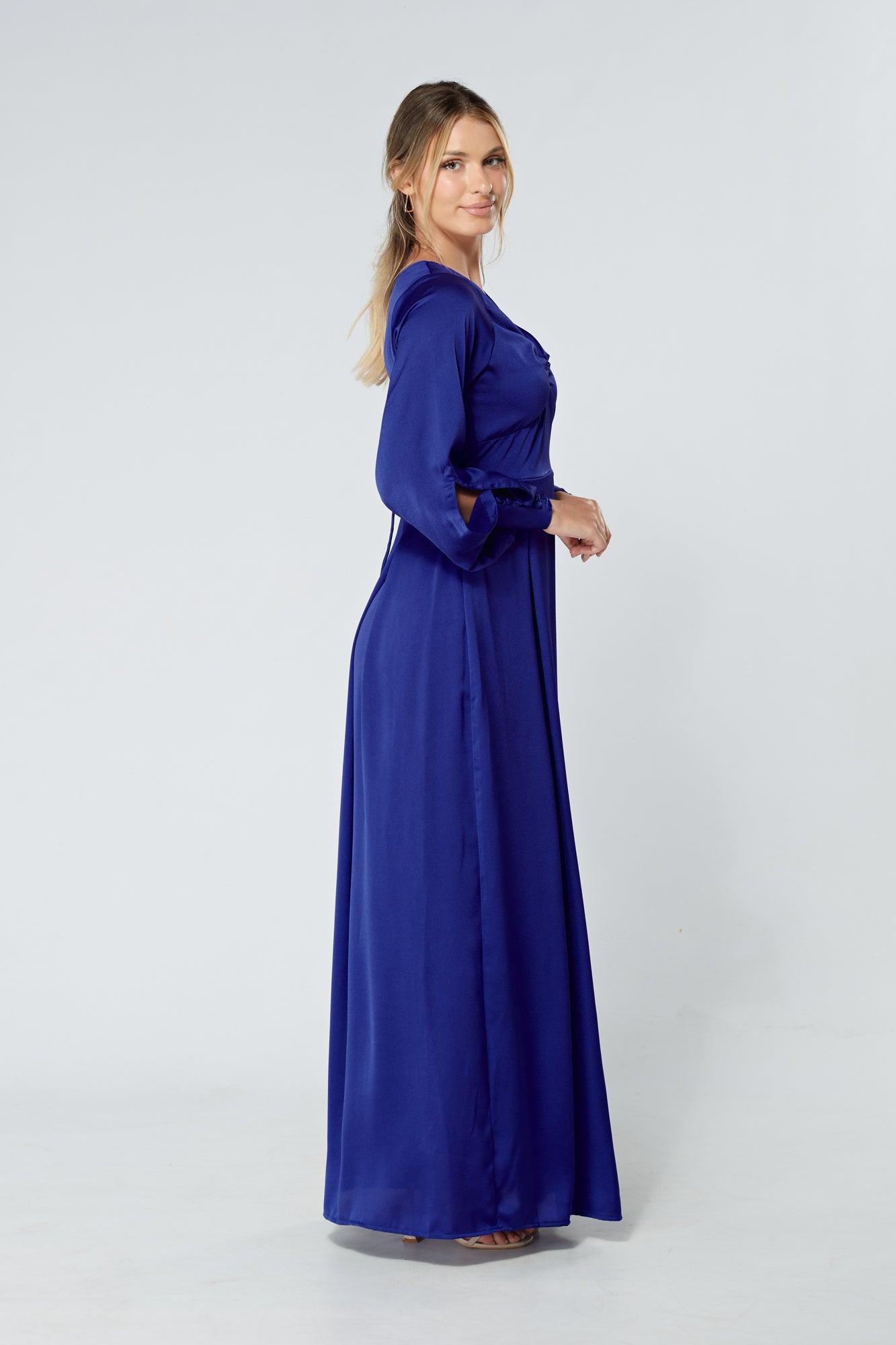 Delilah Cobalt Blue Satin-Feel Crepe Maxi Dress With Ruched Sleeves - TAHLIRA