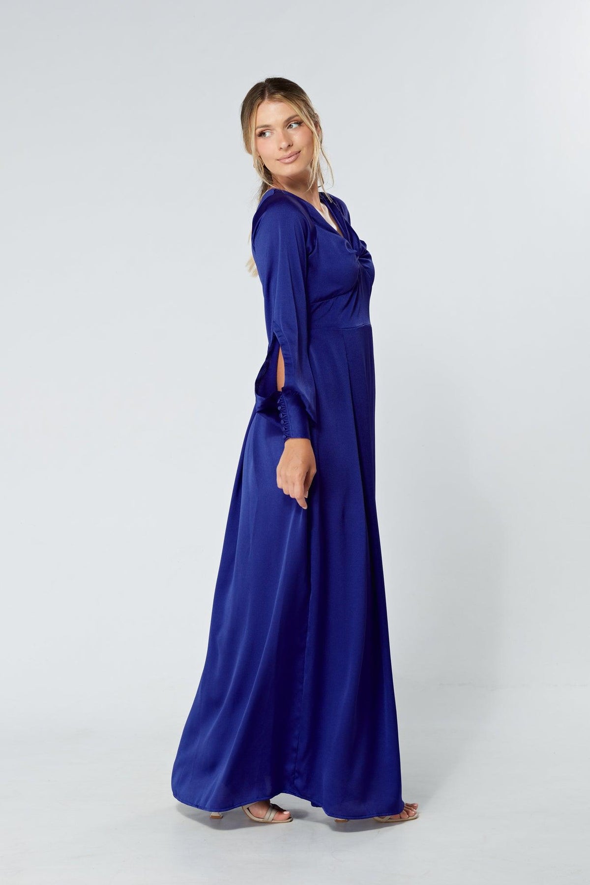 Delilah Cobalt Blue Satin-Feel Crepe Maxi Dress With Ruched Sleeves - TAHLIRA