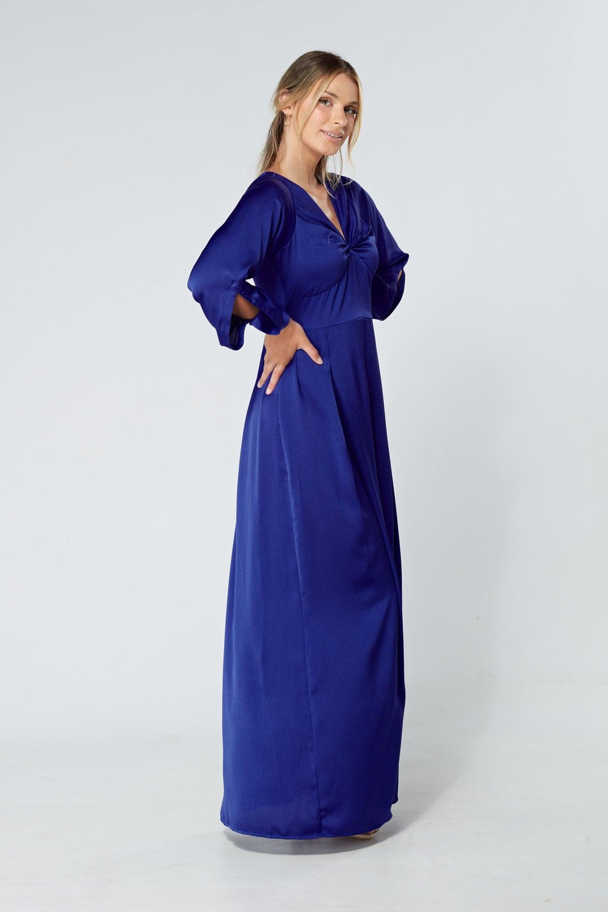 Delilah Cobalt Blue Satin-Feel Crepe Maxi Dress With Ruched Sleeves - TAHLIRA