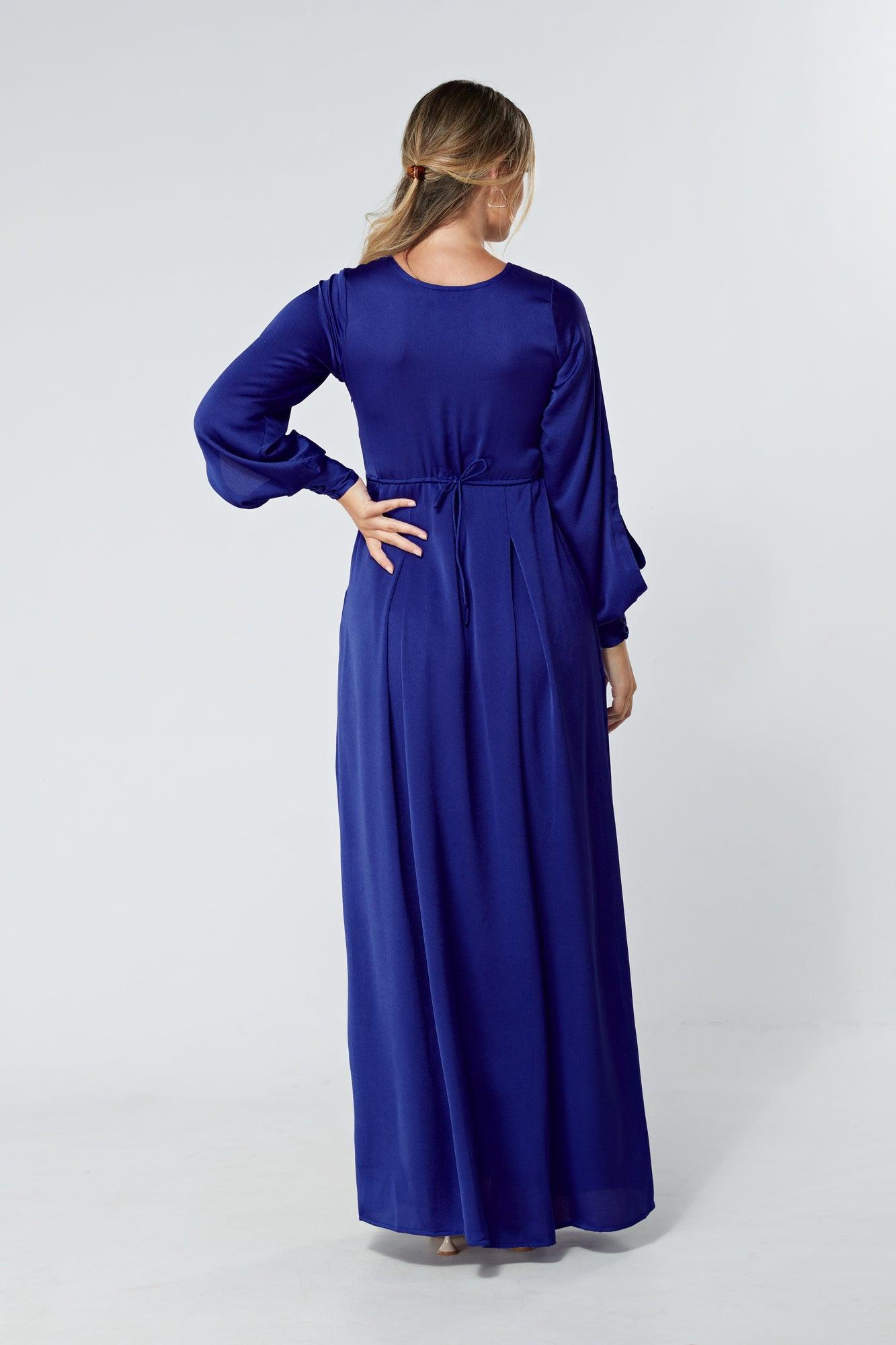 Delilah Cobalt Blue Satin-Feel Crepe Maxi Dress With Ruched Sleeves - TAHLIRA