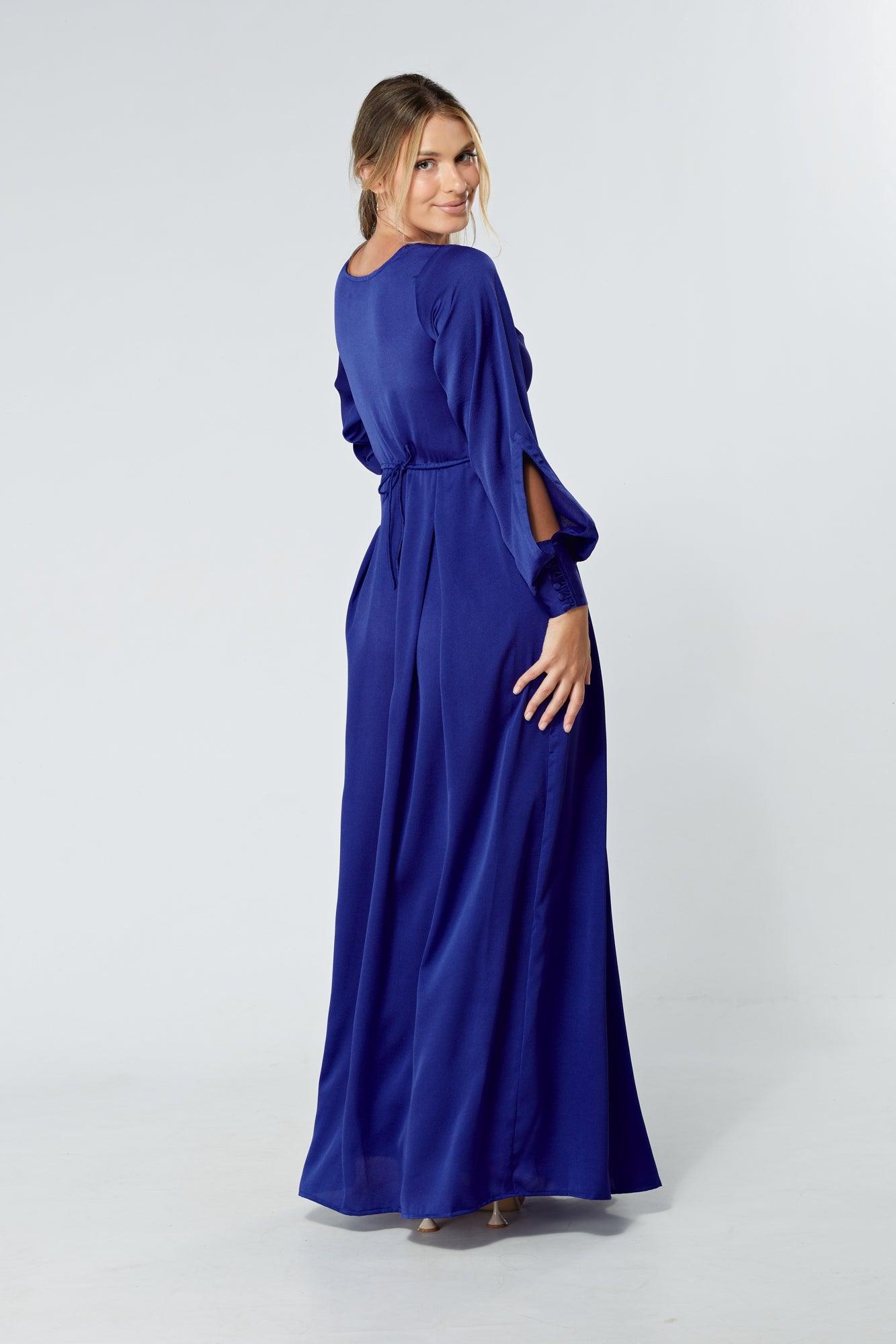 Delilah Cobalt Blue Satin-Feel Crepe Maxi Dress With Ruched Sleeves - TAHLIRA