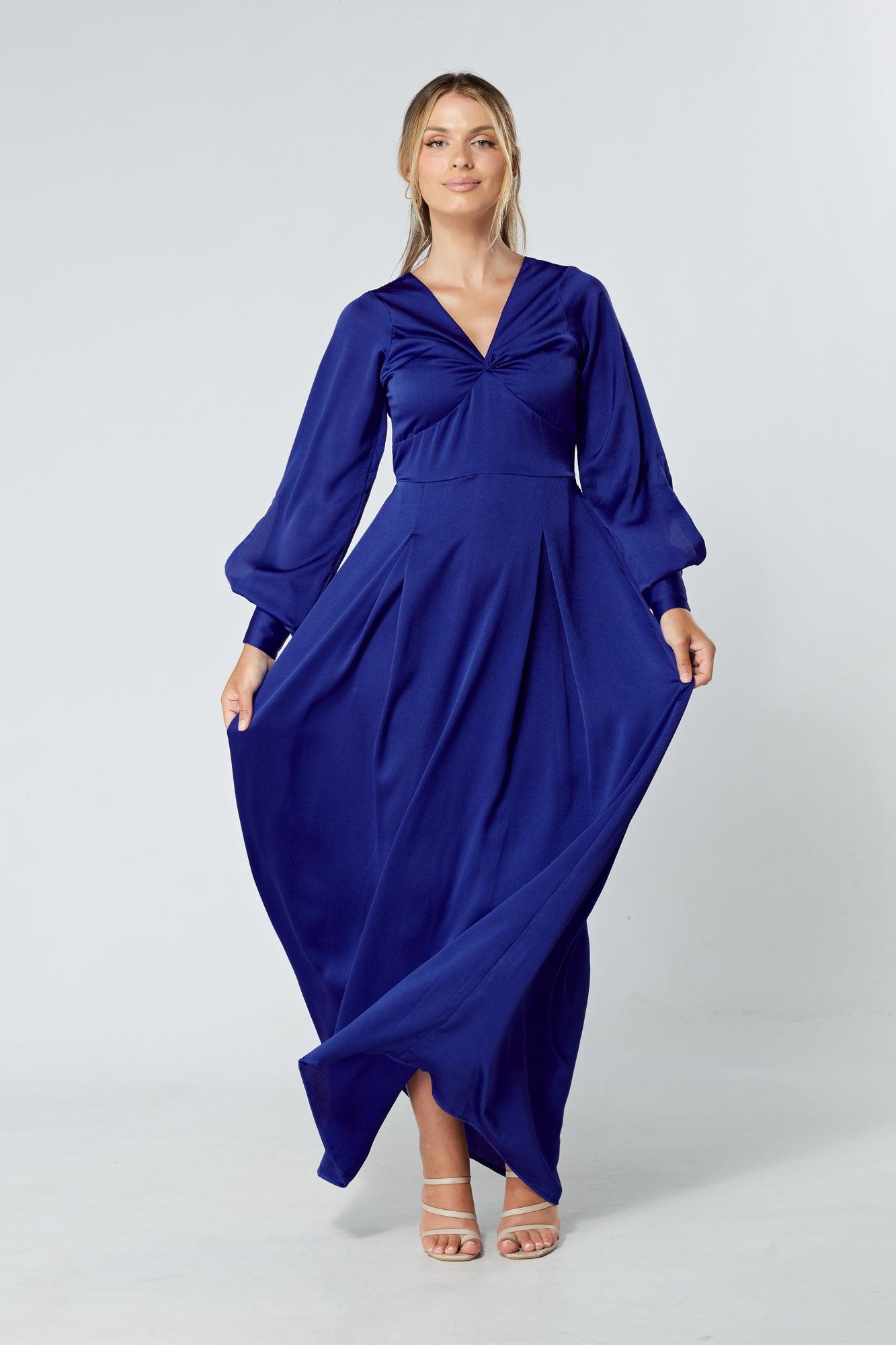 Delilah Cobalt Blue Satin-Feel Crepe Maxi Dress With Ruched Sleeves - TAHLIRA