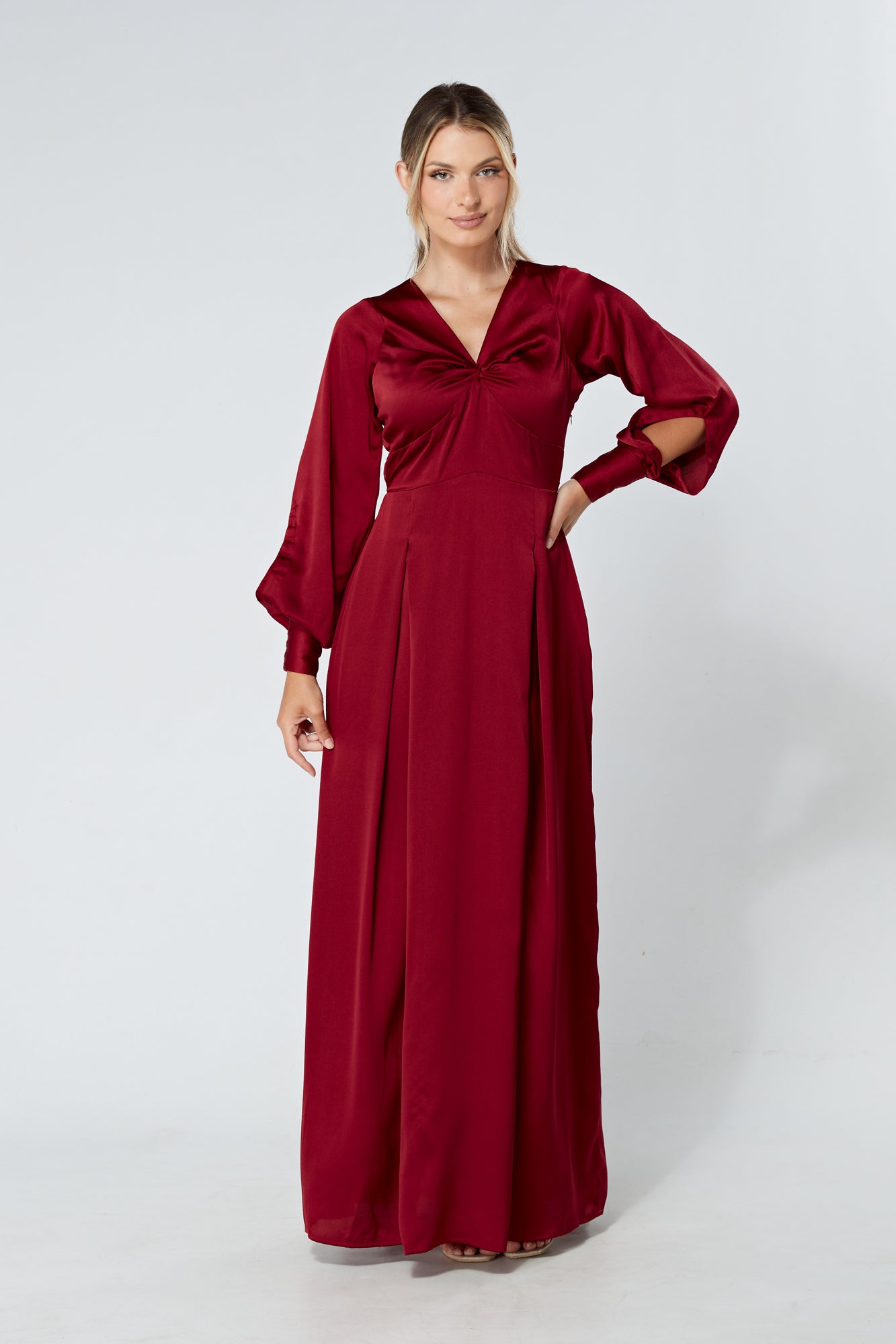 Delilah Deep Red Satin-Feel Crepe Maxi Dress With Ruched Sleeves