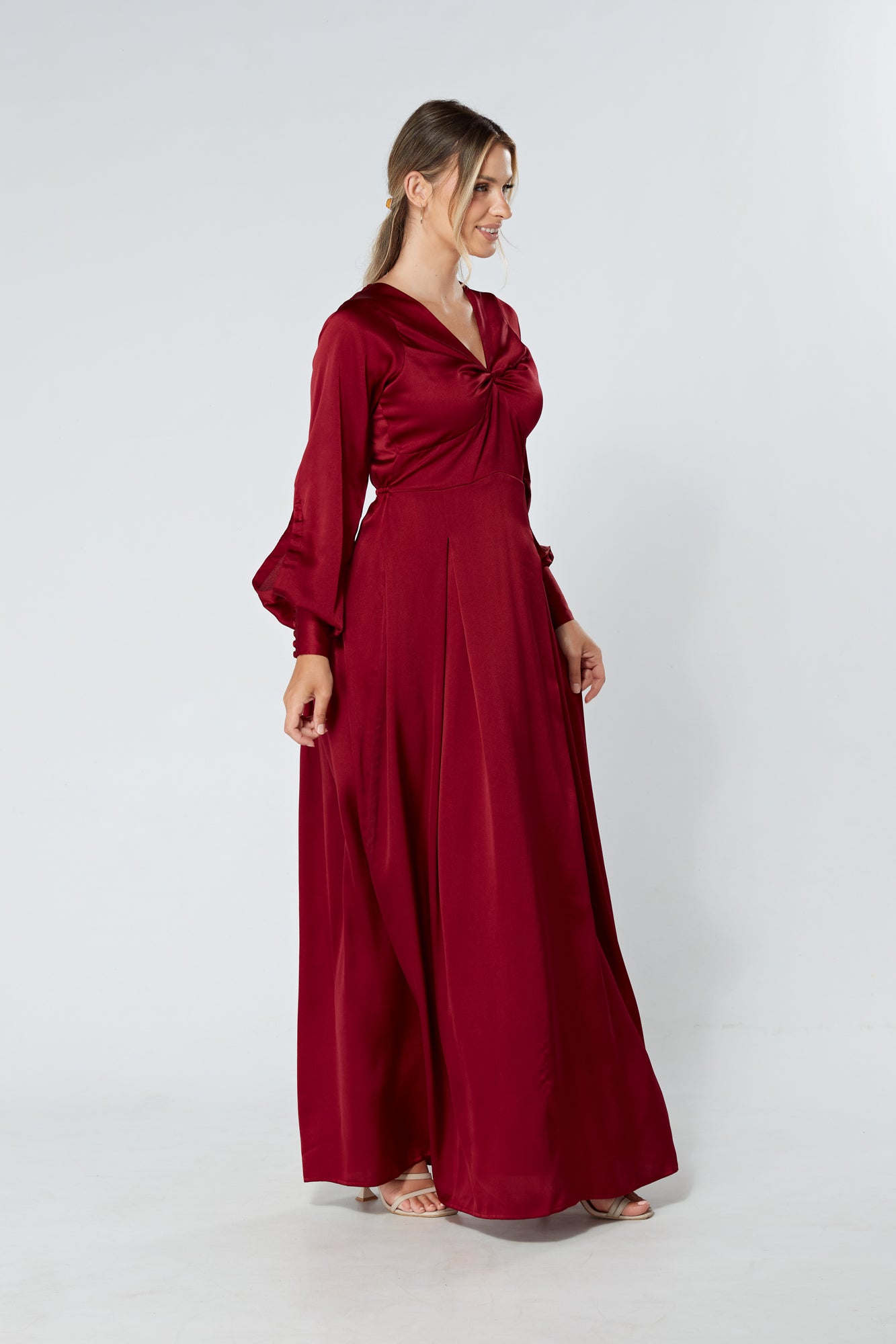 Delilah Deep Red Satin-Feel Crepe Maxi Dress With Ruched Sleeves