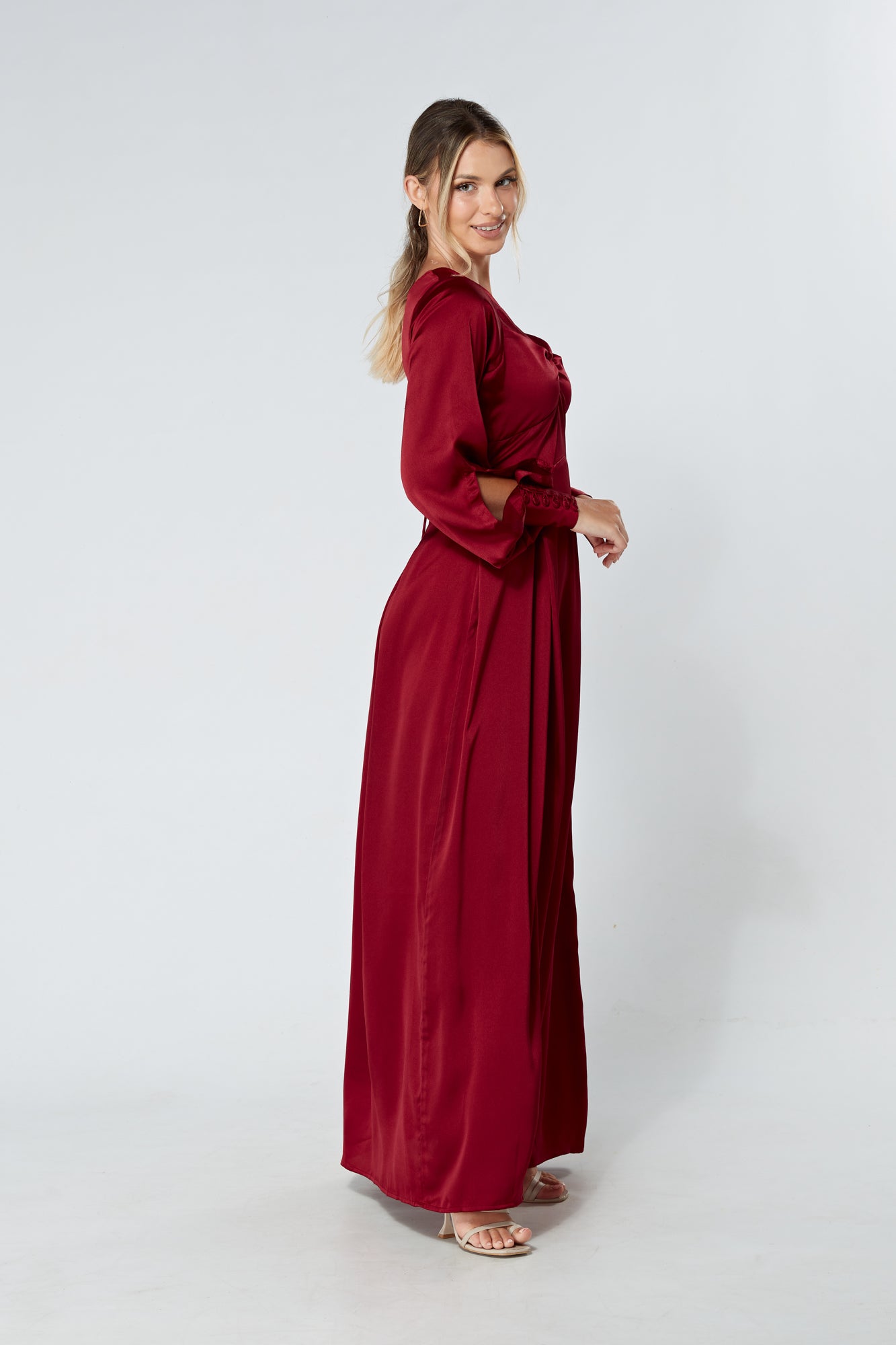 Delilah Deep Red Satin-Feel Crepe Maxi Dress With Ruched Sleeves