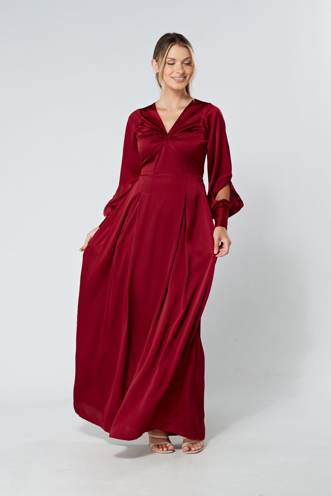 Delilah Deep Red Satin-Feel Crepe Maxi Dress With Ruched Sleeves