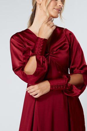 Delilah Deep Red Satin-Feel Crepe Maxi Dress With Ruched Sleeves
