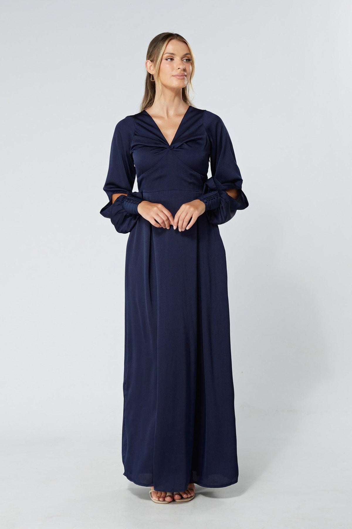 Delilah Navy Satin-Feel Crepe Maxi Dress With Ruched Sleeves - TAHLIRA