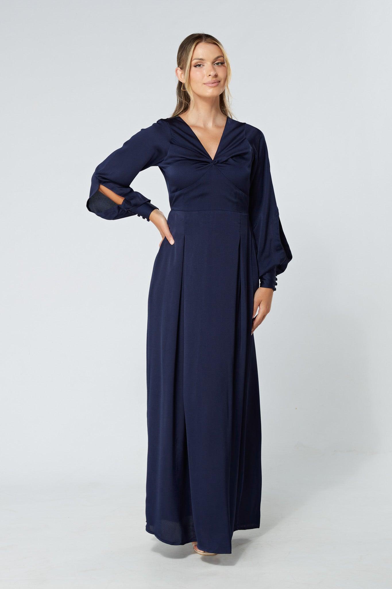 Delilah Navy Satin-Feel Crepe Maxi Dress With Ruched Sleeves - TAHLIRA