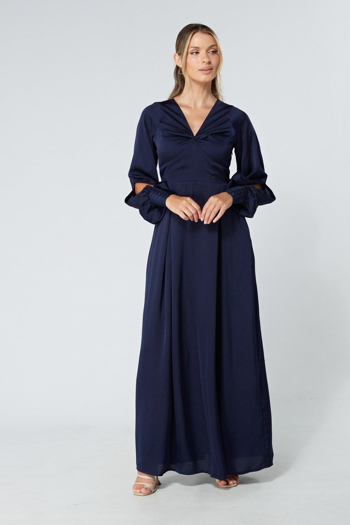Delilah Navy Satin-Feel Crepe Maxi Dress With Ruched Sleeves - TAHLIRA