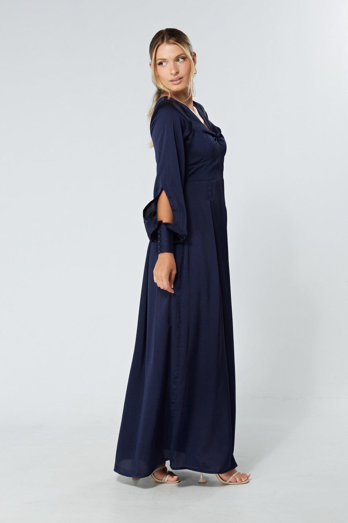 Delilah Navy Satin-Feel Crepe Maxi Dress With Ruched Sleeves - TAHLIRA