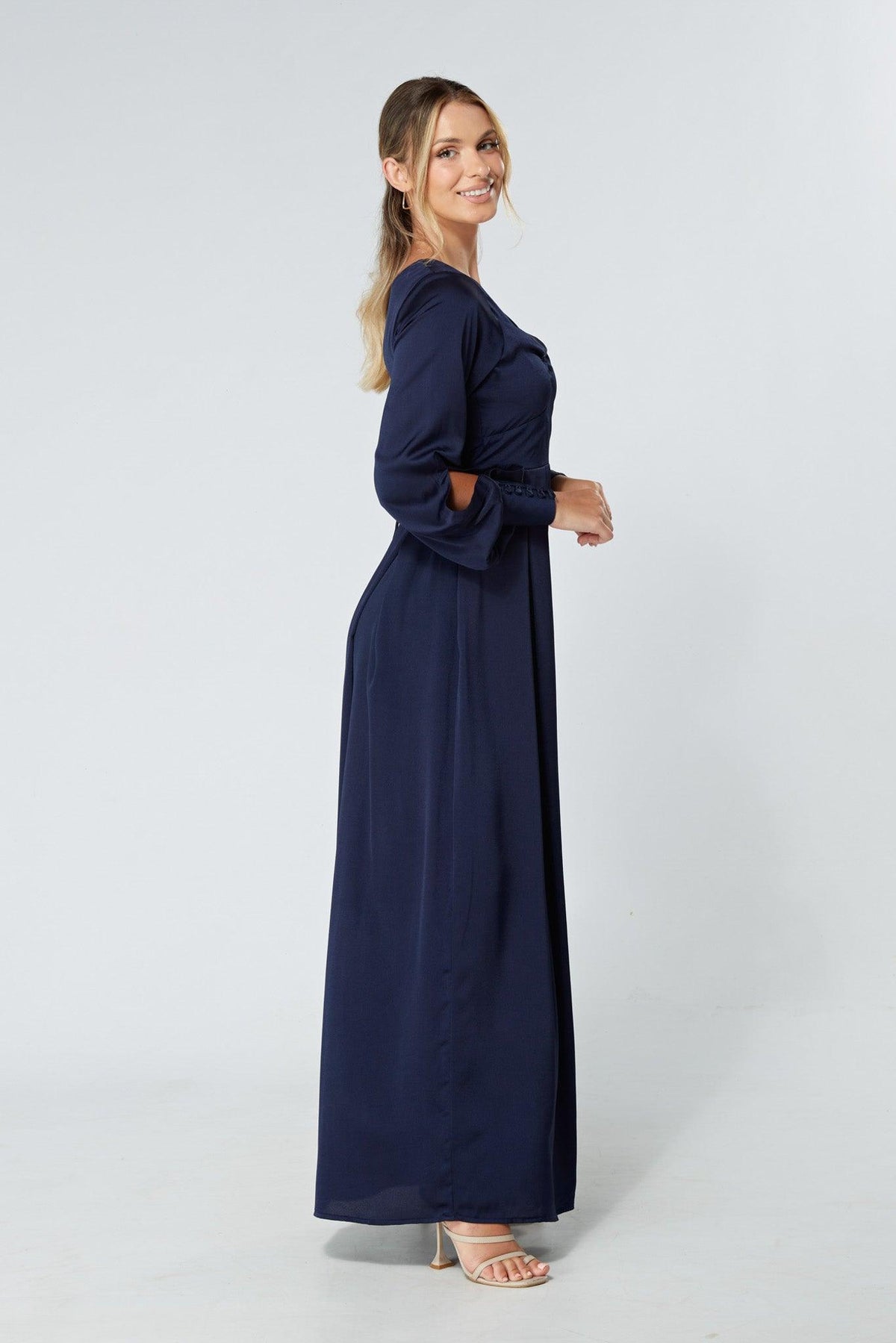 Delilah Navy Satin-Feel Crepe Maxi Dress With Ruched Sleeves - TAHLIRA