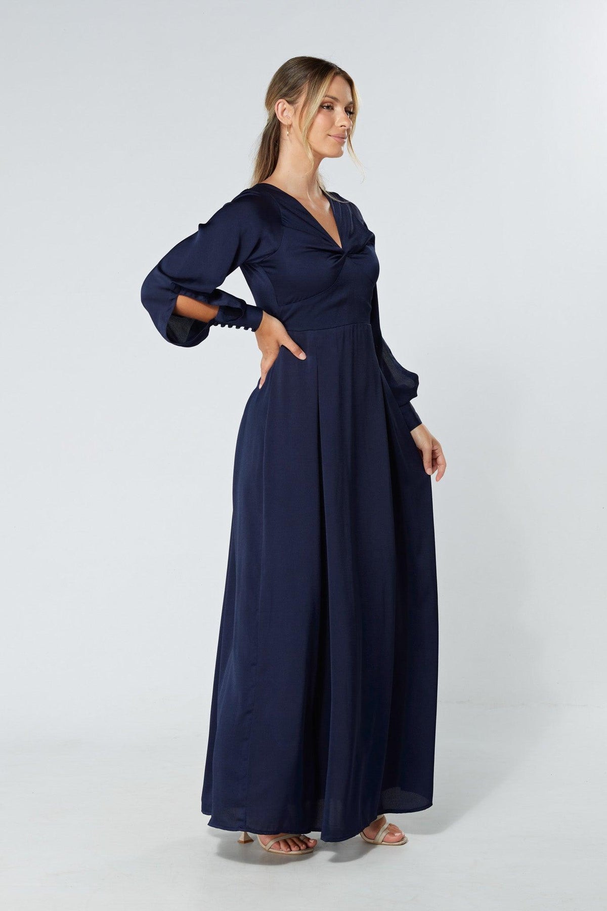 Delilah Navy Satin-Feel Crepe Maxi Dress With Ruched Sleeves - TAHLIRA