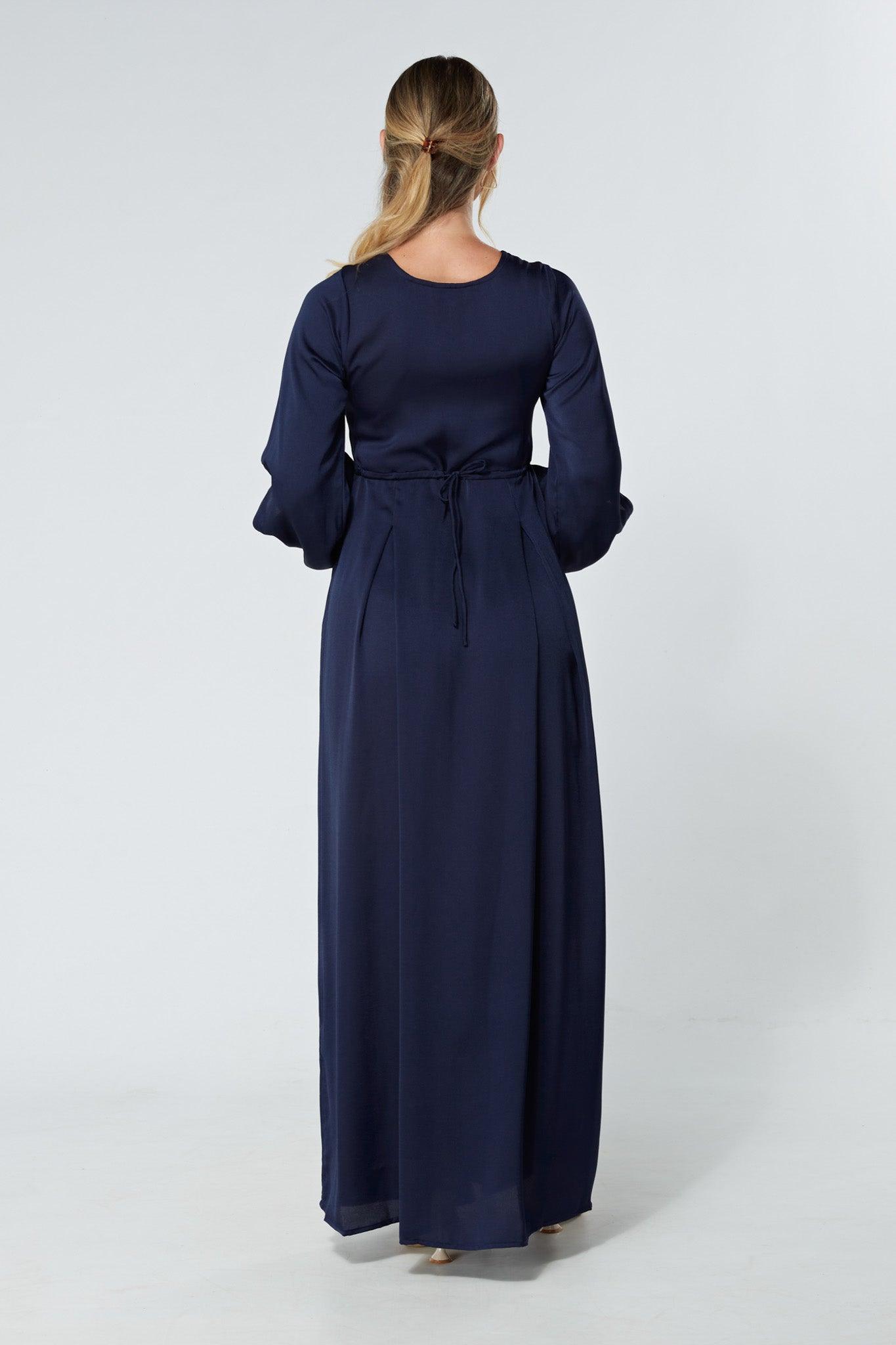 Delilah Navy Satin-Feel Crepe Maxi Dress With Ruched Sleeves - TAHLIRA