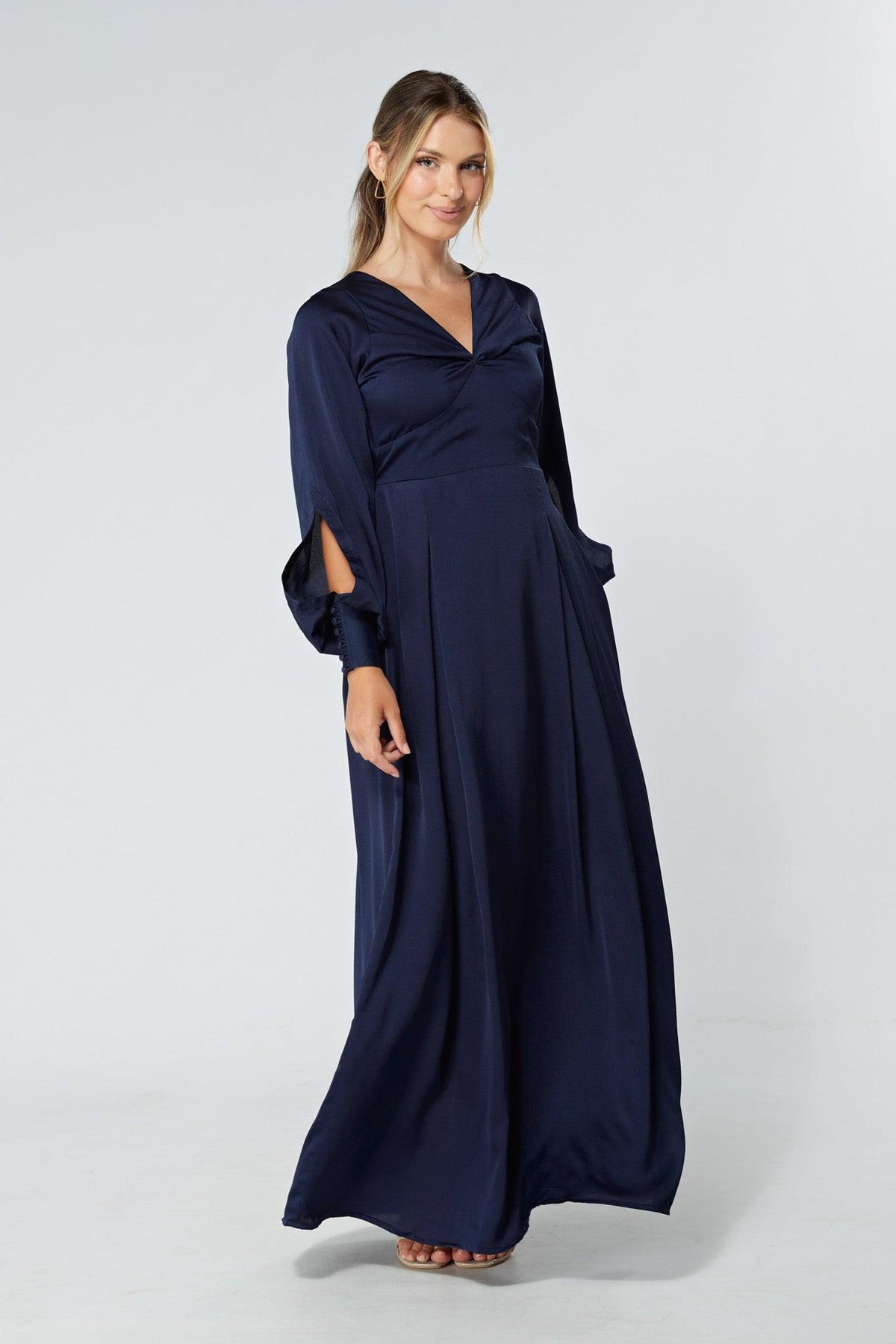 Delilah Navy Satin-Feel Crepe Maxi Dress With Ruched Sleeves - TAHLIRA