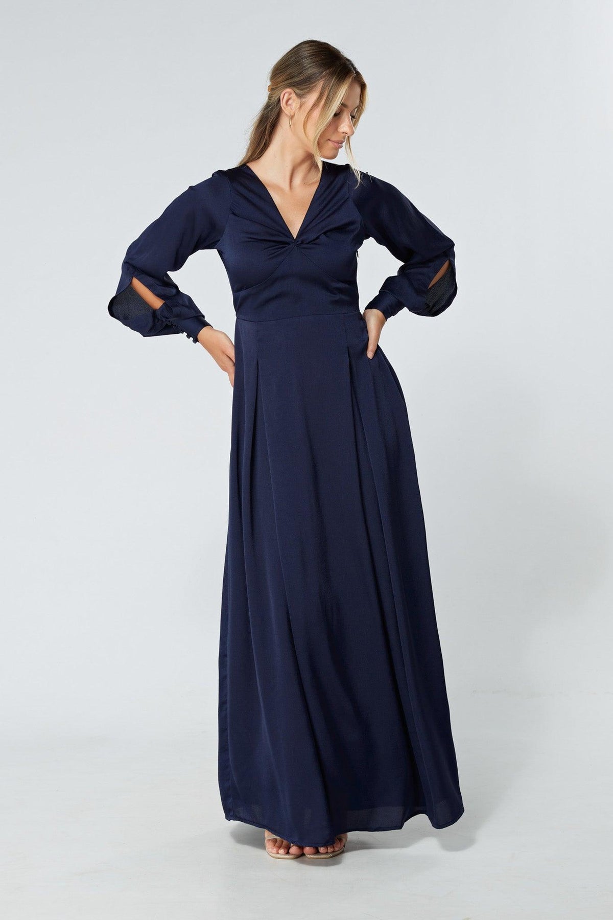 Delilah Navy Satin-Feel Crepe Maxi Dress With Ruched Sleeves - TAHLIRA