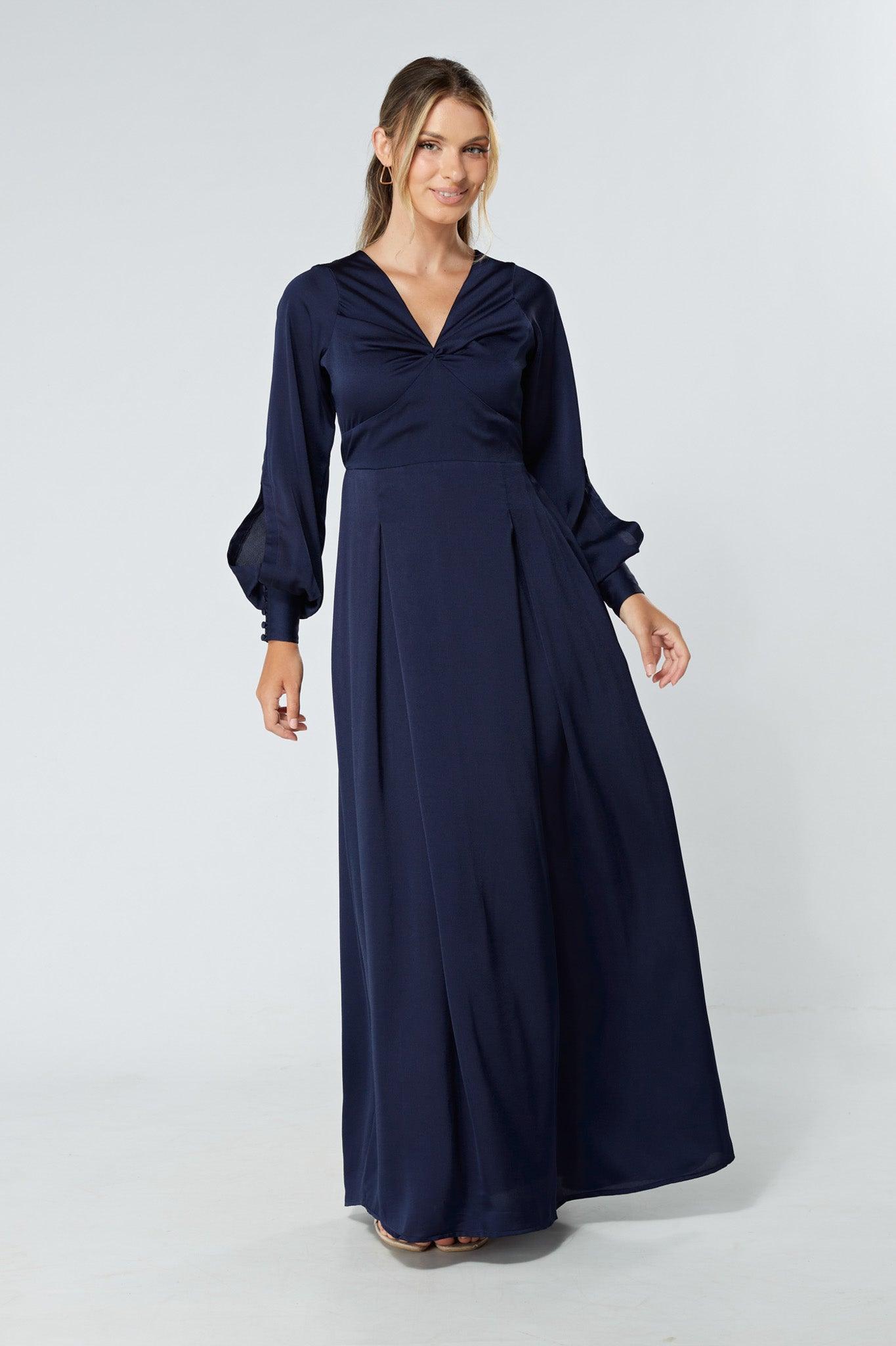 Delilah Navy Satin-Feel Crepe Maxi Dress With Ruched Sleeves - TAHLIRA