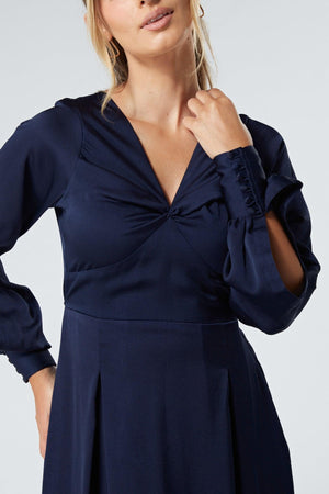 Delilah Navy Satin-Feel Crepe Maxi Dress With Ruched Sleeves - TAHLIRA