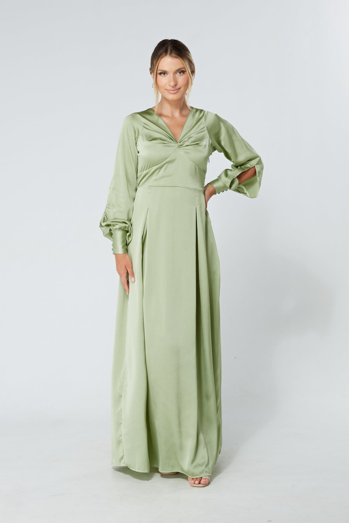 Delilah Olive Satin-Feel Crepe Maxi Dress