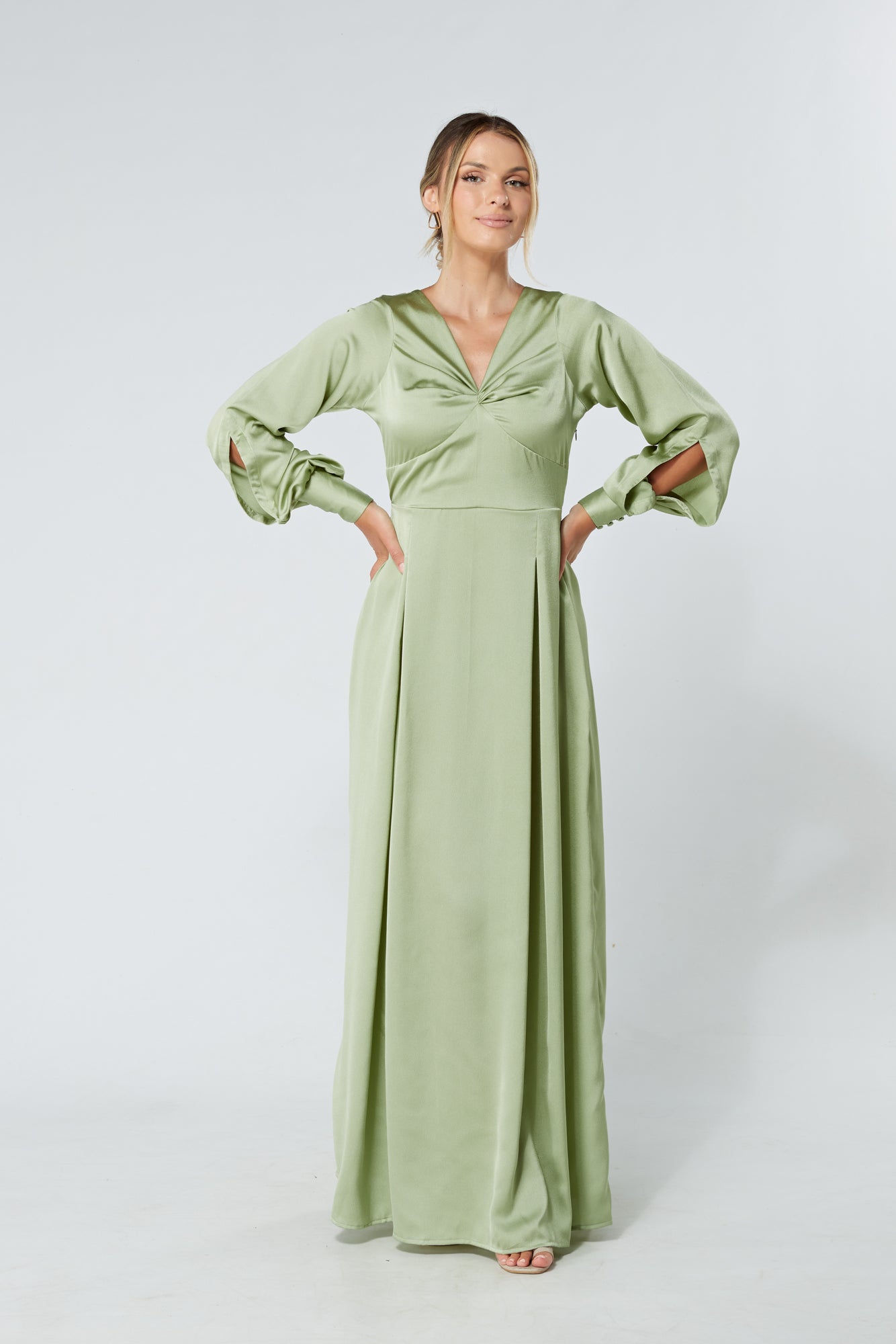 Delilah Olive Satin-Feel Crepe Maxi Dress