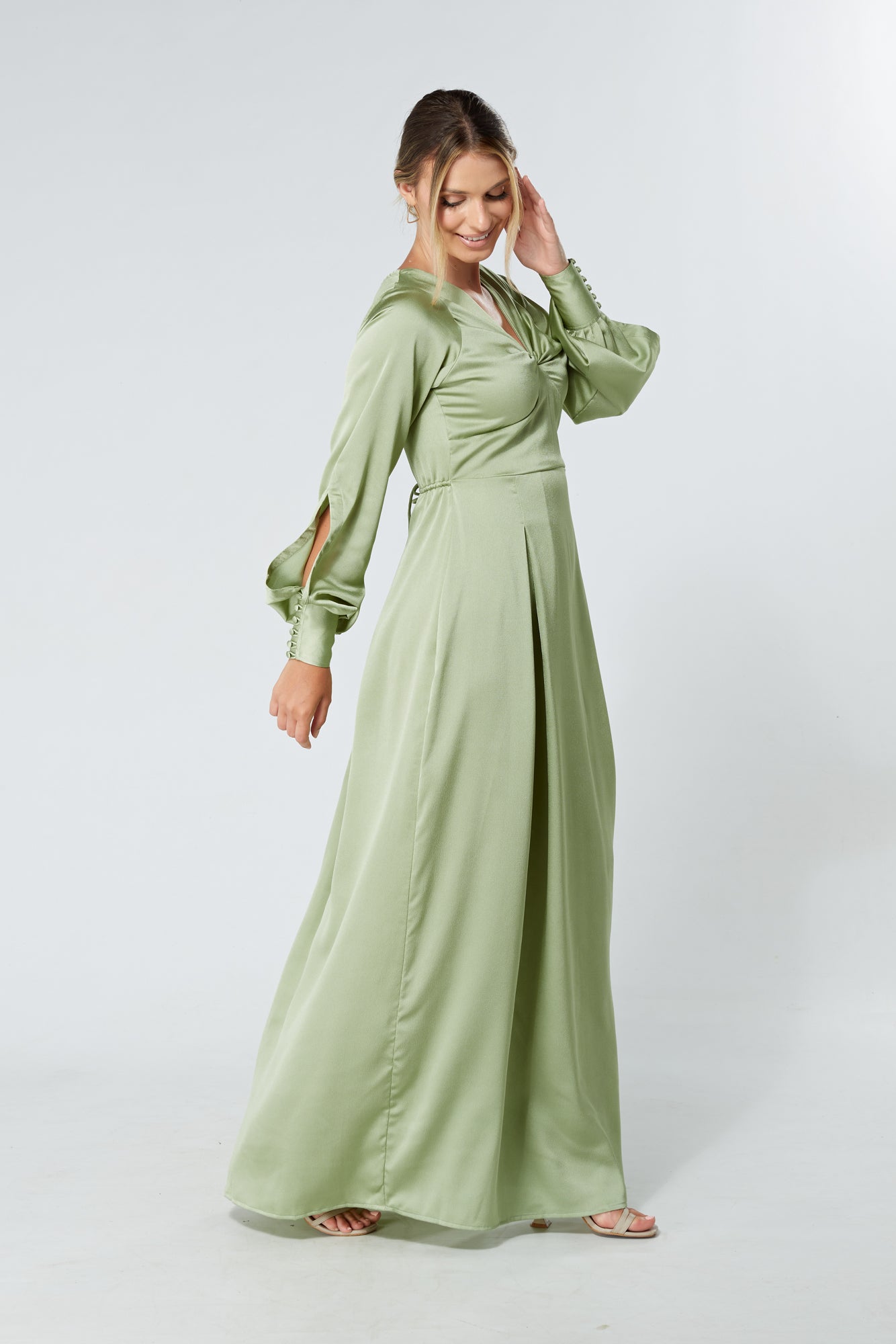 Delilah Olive Satin-Feel Crepe Maxi Dress