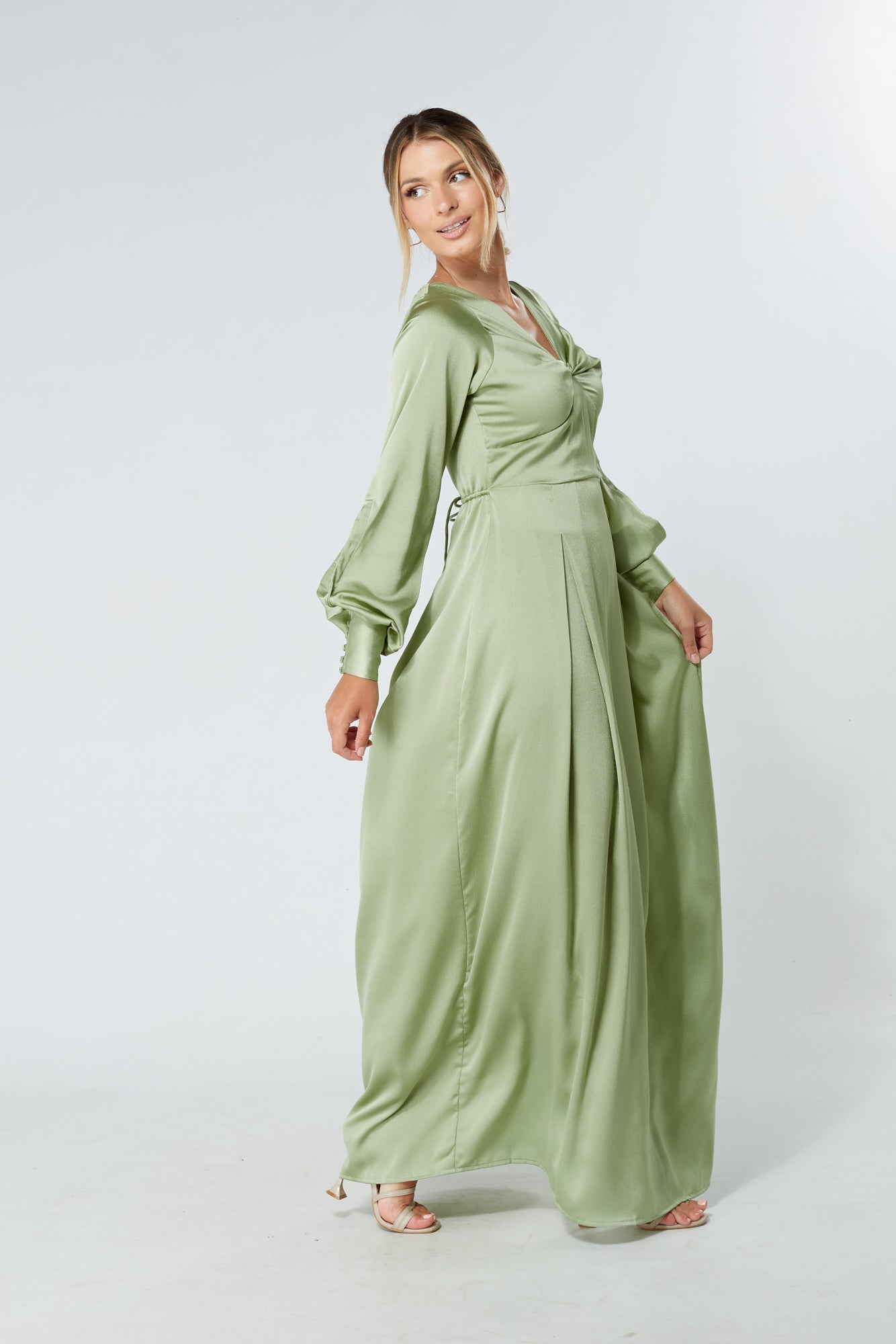 Delilah Olive Satin-Feel Crepe Maxi Dress