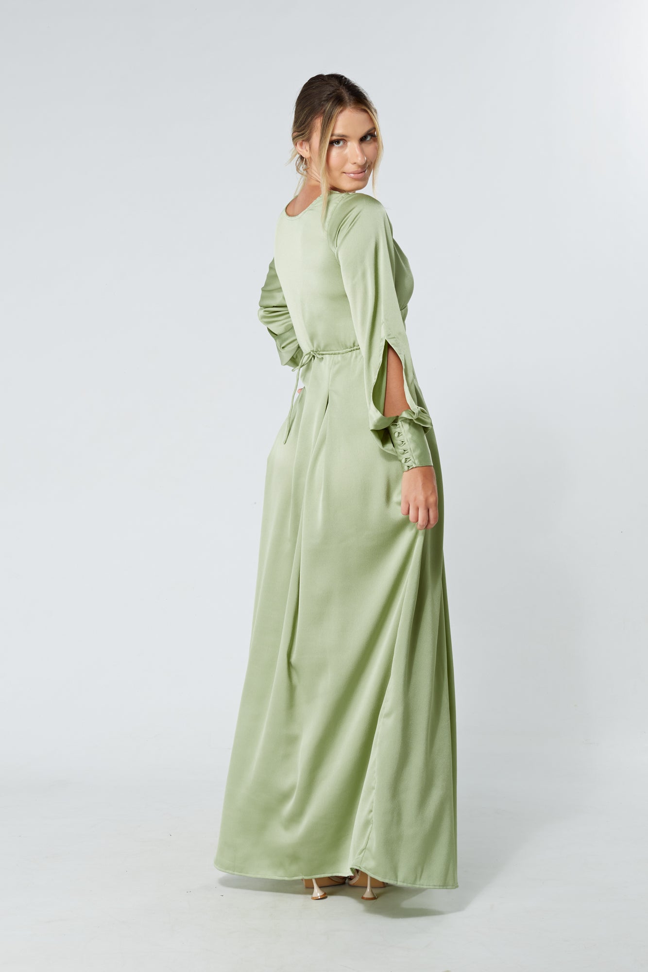 Delilah Olive Satin-Feel Crepe Maxi Dress