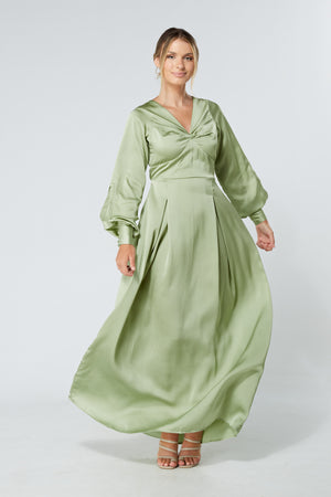 Delilah Olive Satin-Feel Crepe Maxi Dress With Ruched Sleeves