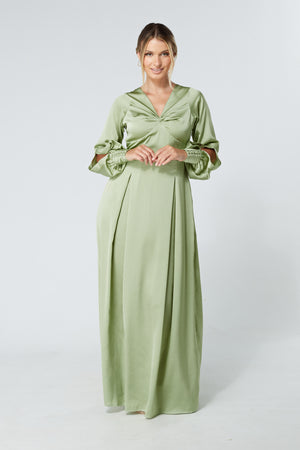 Delilah Olive Satin-Feel Crepe Maxi Dress With Ruched Sleeves