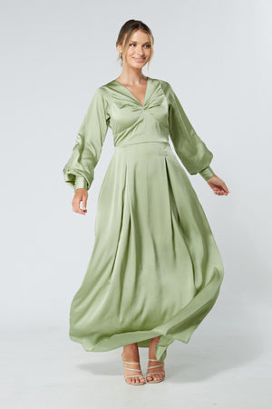 Delilah Olive Satin-Feel Crepe Maxi Dress With Ruched Sleeves