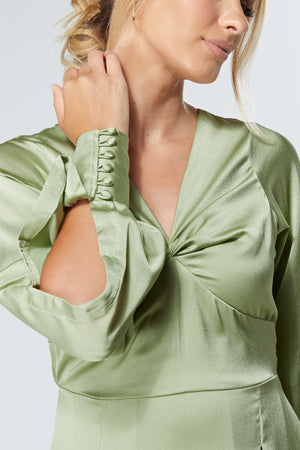 Delilah Olive Satin-Feel Crepe Maxi Dress With Ruched Sleeves